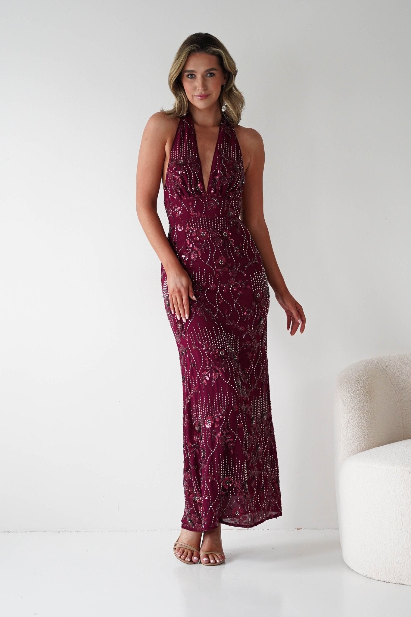 Oh Hello Clothing Dresses Sabrina Beaded Halterneck Maxi Dress | Wine