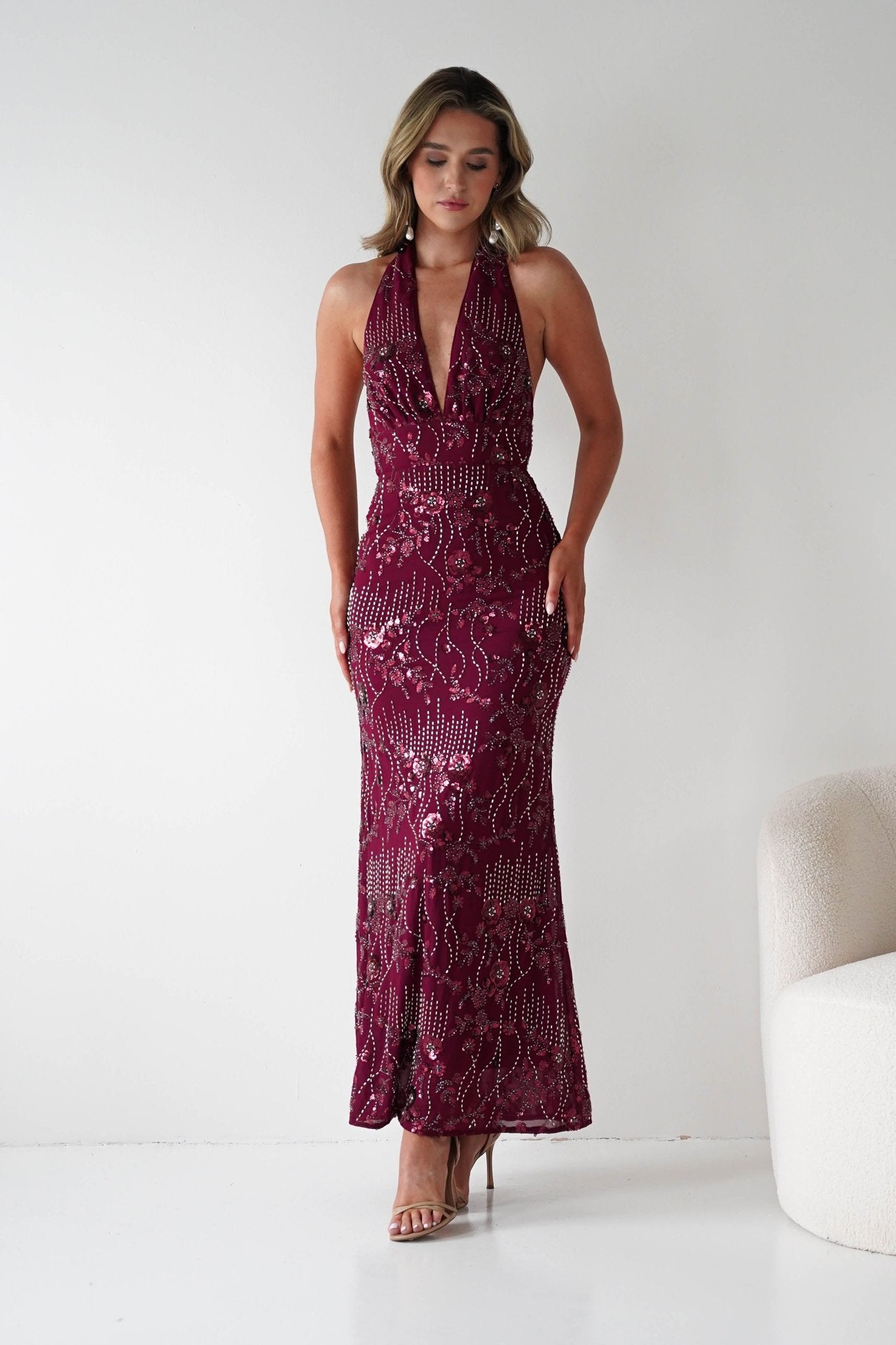 Oh Hello Clothing Dresses Sabrina Beaded Halterneck Maxi Dress | Wine
