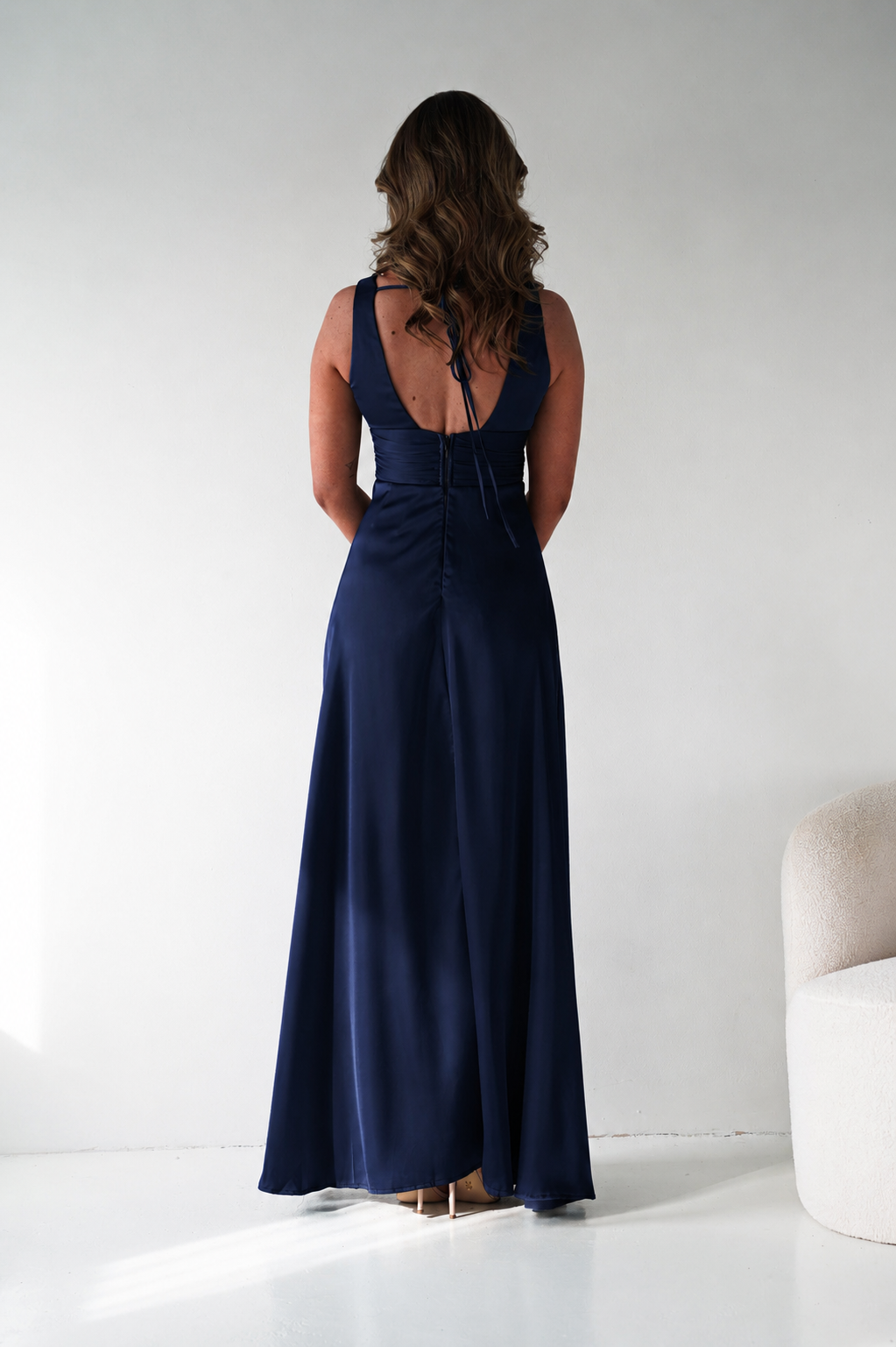 Oh Hello Clothing Dresses > Prom Dresses Saffron V-Neck Soft Satin Maxi Dress | Navy
