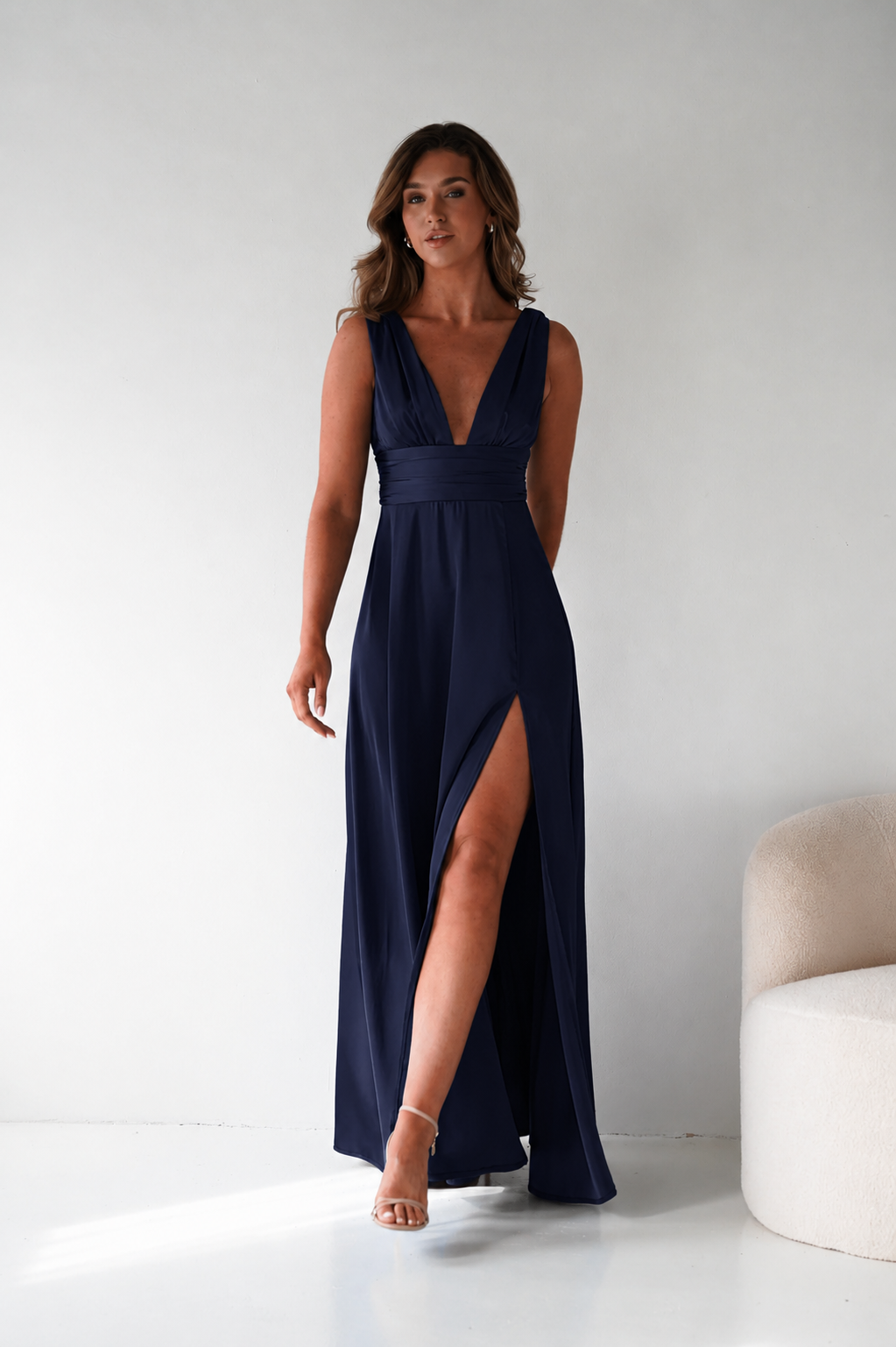 Oh Hello Clothing Dresses > Prom Dresses Saffron V-Neck Soft Satin Maxi Dress | Navy
