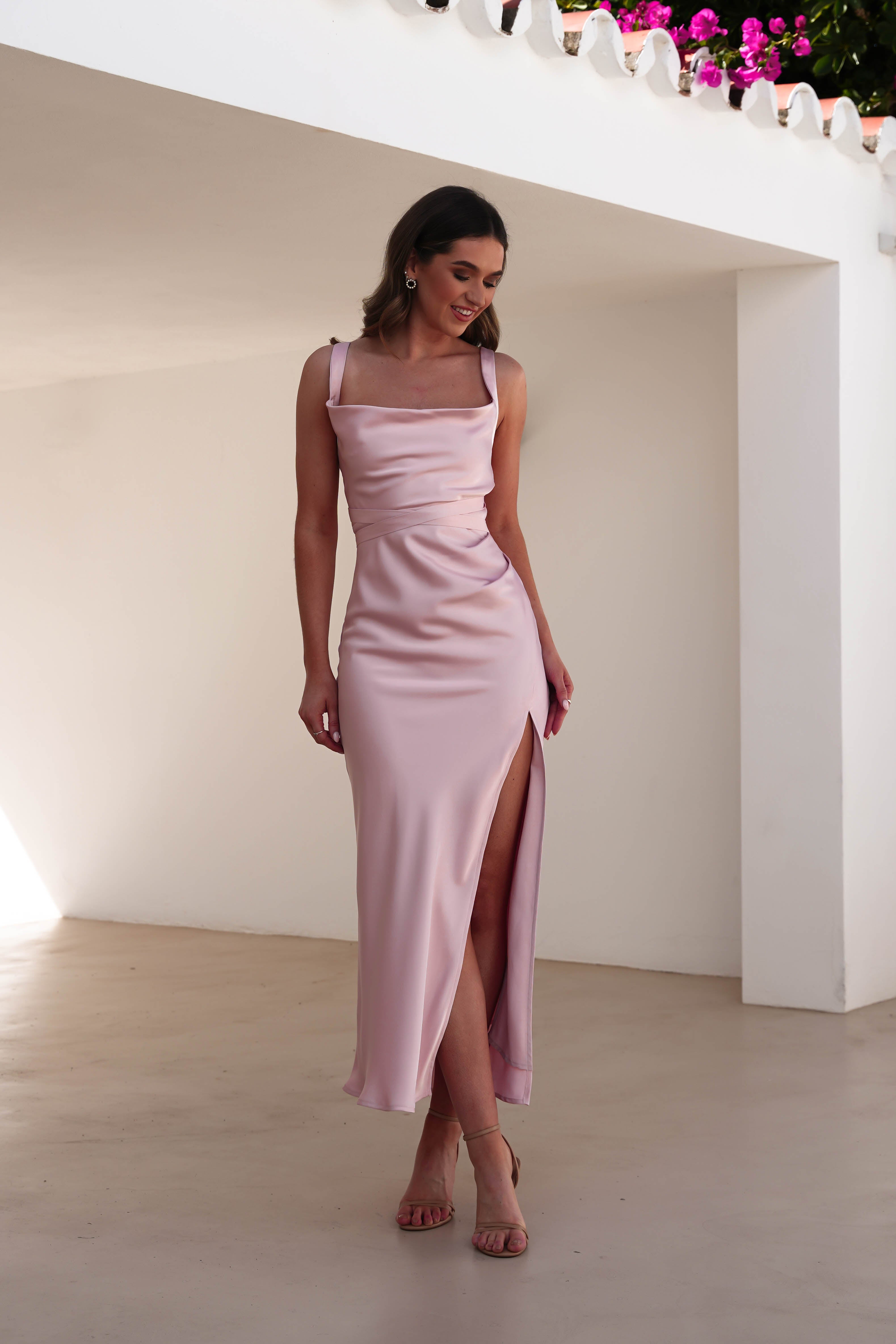 Salma Soft Matte Satin Midaxi Dress Blush Pink | Wedding Guest Dress | Satin | Oh Hello Clothing