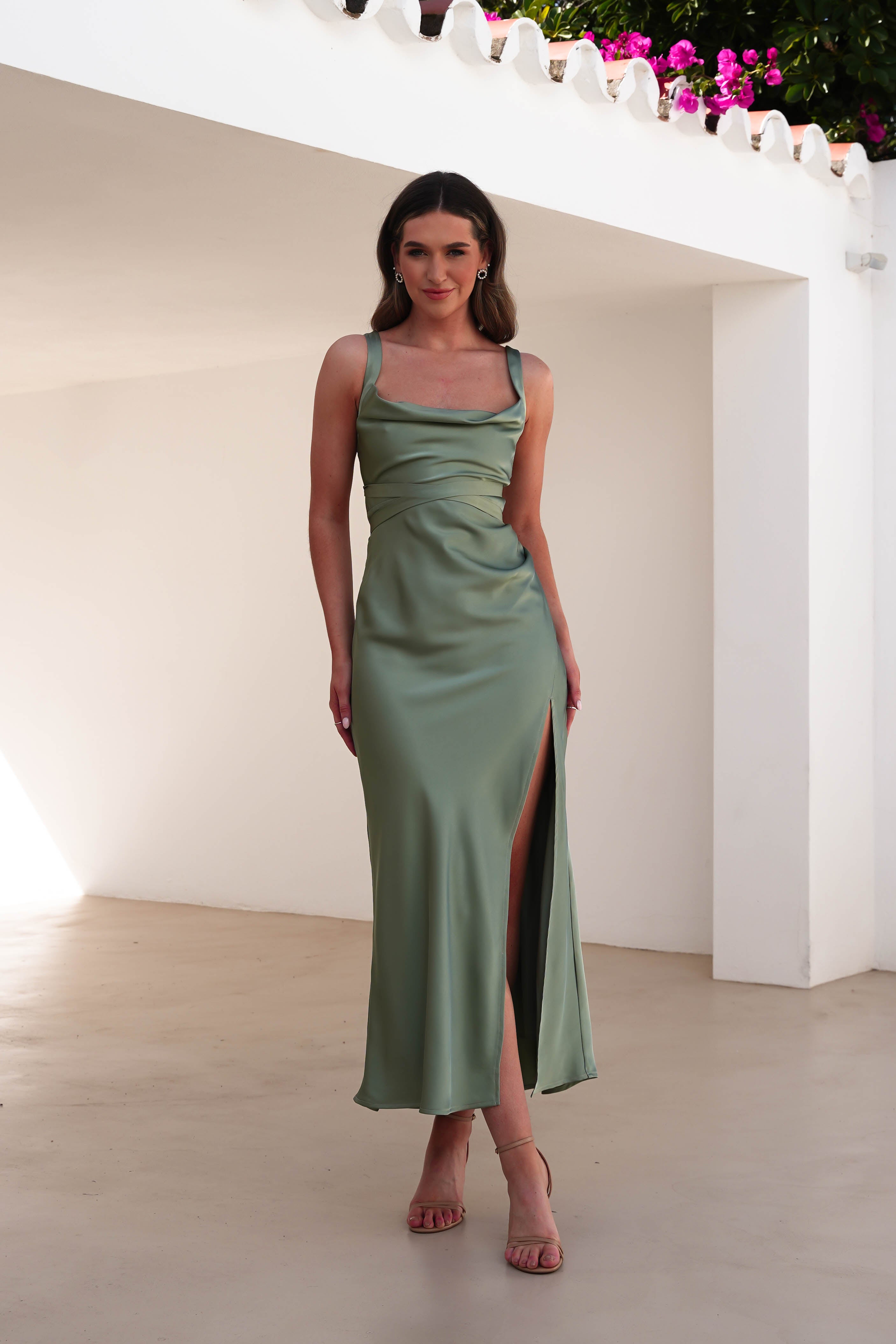 Salma Soft Matte Satin Midaxi Dress Olive | Wedding Guest Dress | Satin | Oh Hello Clothing
