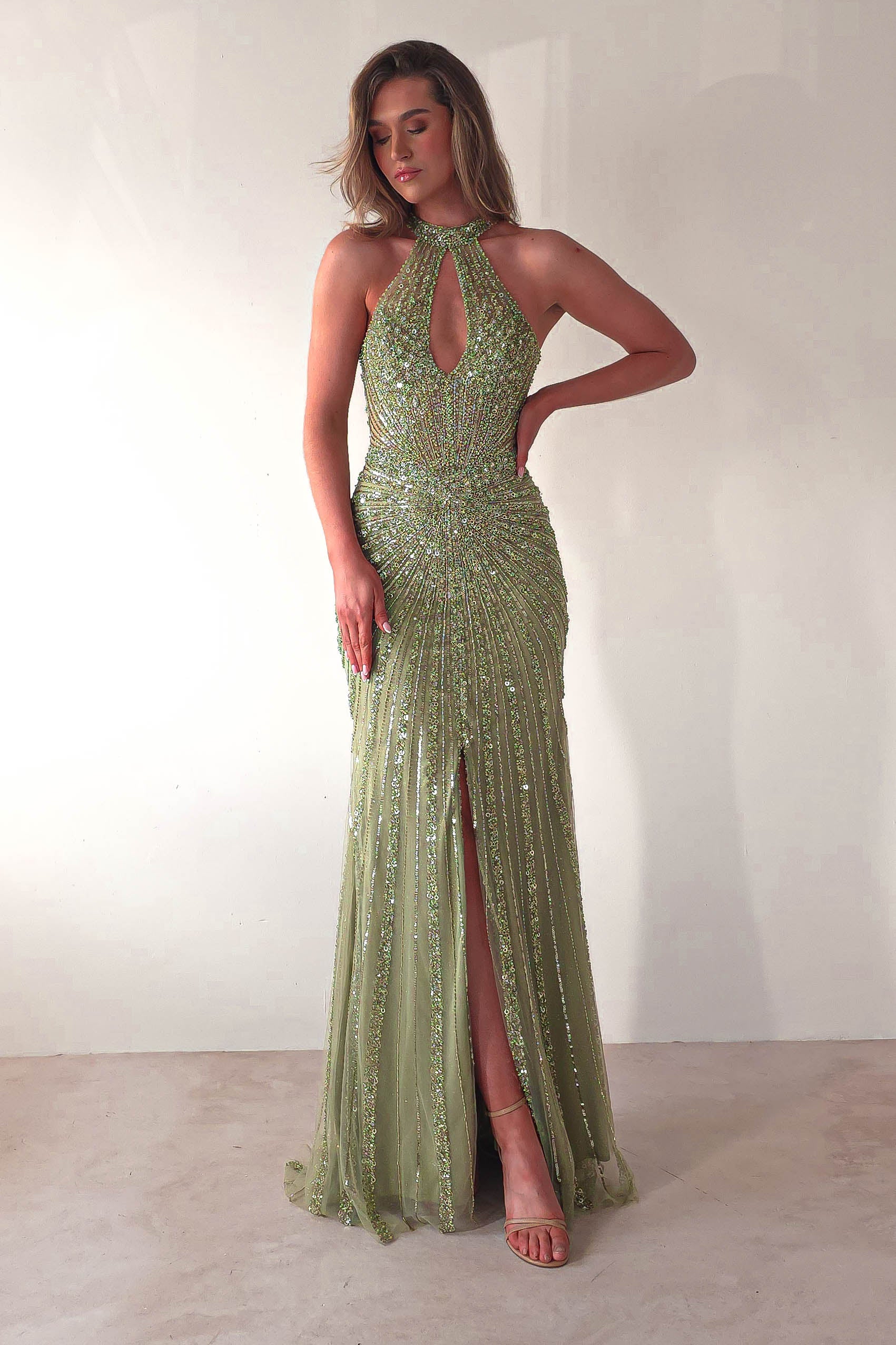 Santana Beaded Keyhole Gown | Green | Debs & Prom | Formal Gown | Oh Hello Clothing