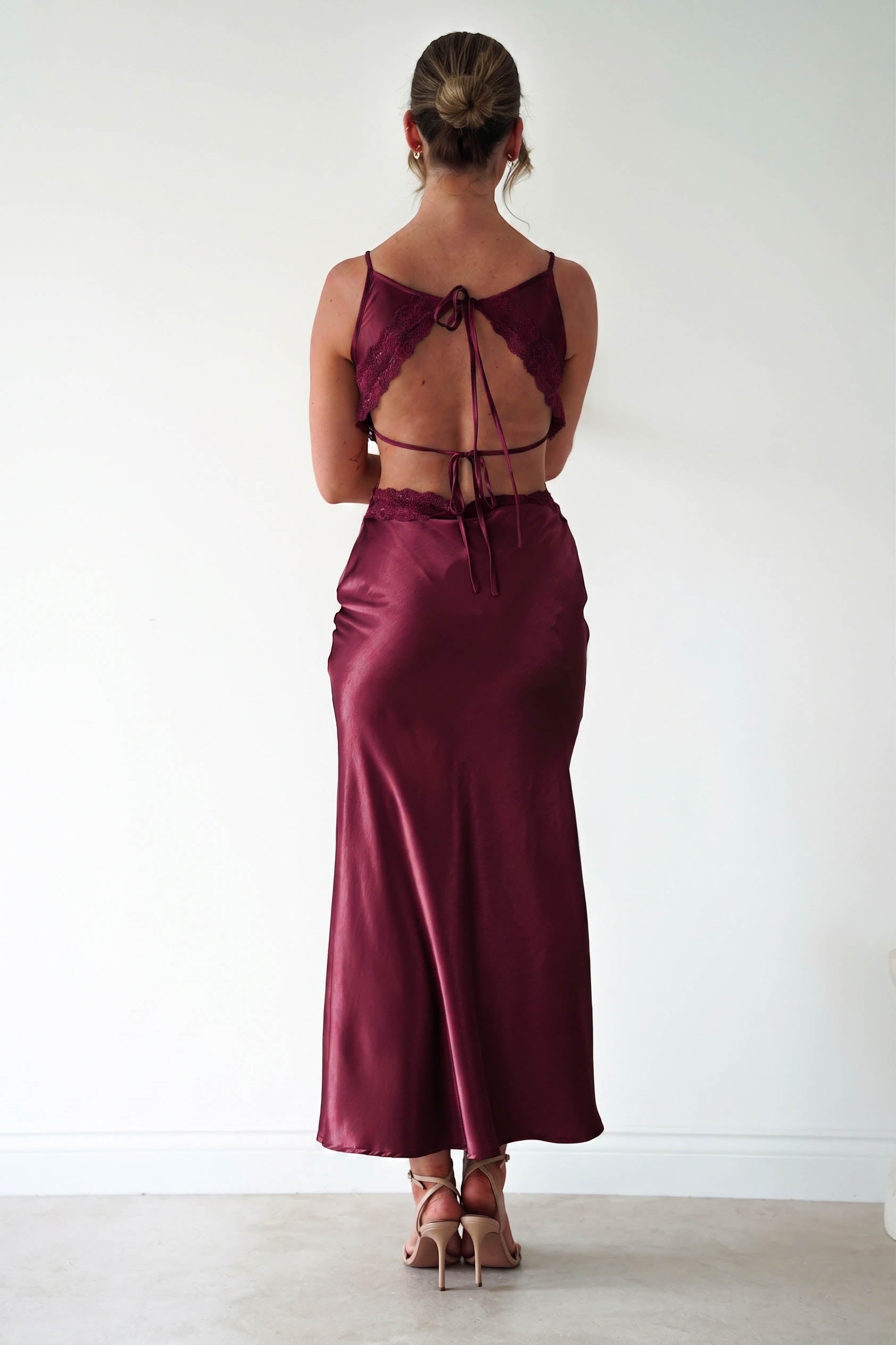 Oh Hello Clothing Women > Clothing > Dresses Saoirse Satin Lace Cut Out Maxi Dress | Wine