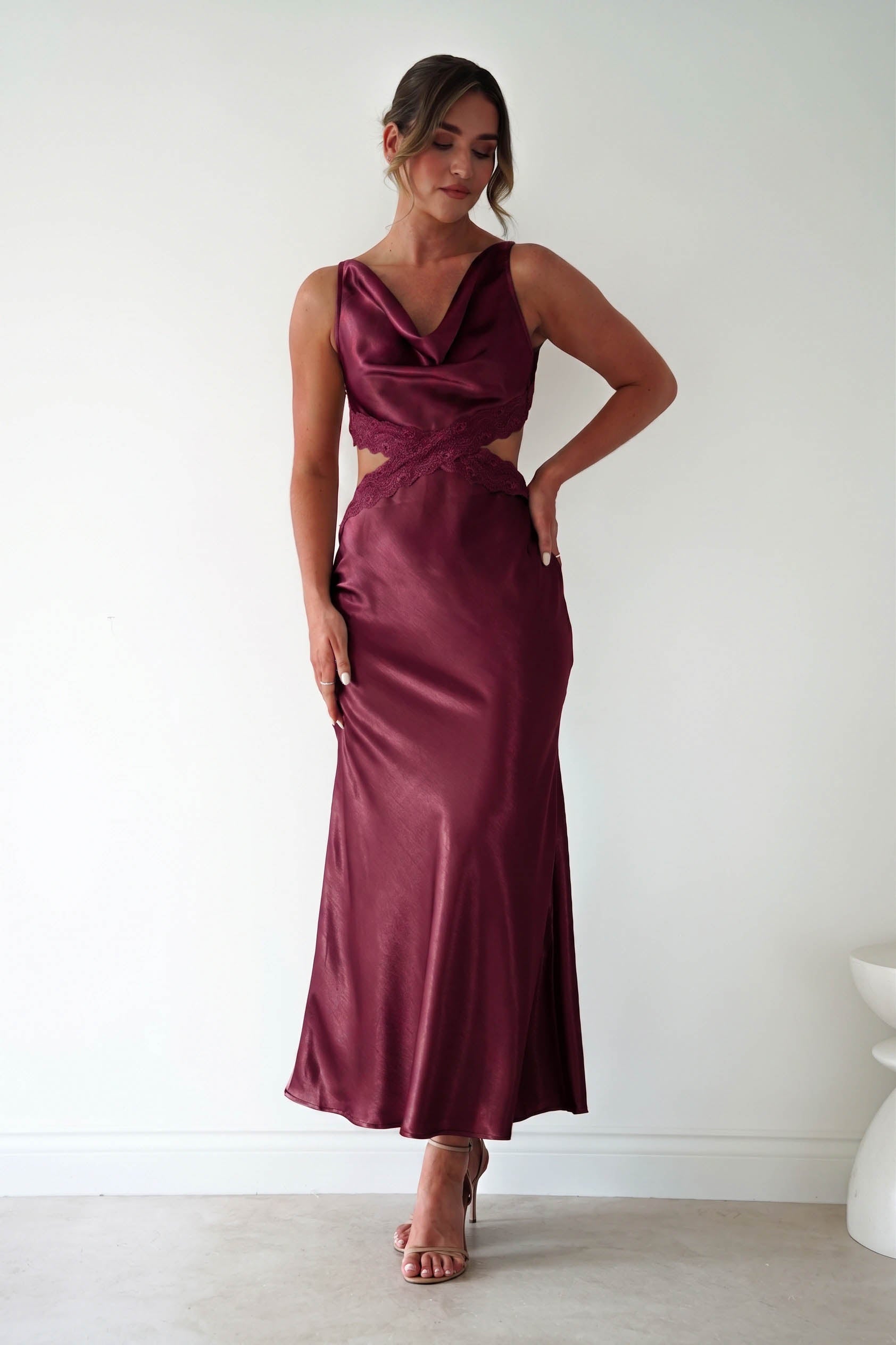 Oh Hello Clothing Women > Clothing > Dresses Saoirse Satin Lace Cut Out Maxi Dress | Wine