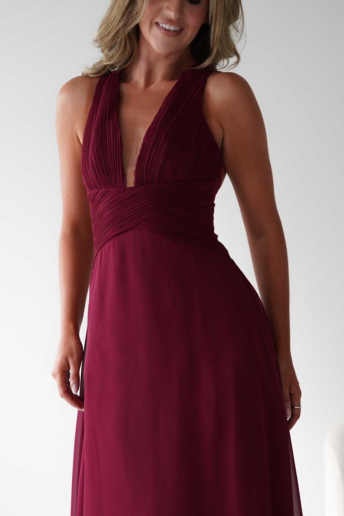 Sara A-Line Chiffon Maxi Dress Burgundy | Wedding Guest Dress | A-Line | Maxi | Oh Hello Clothing