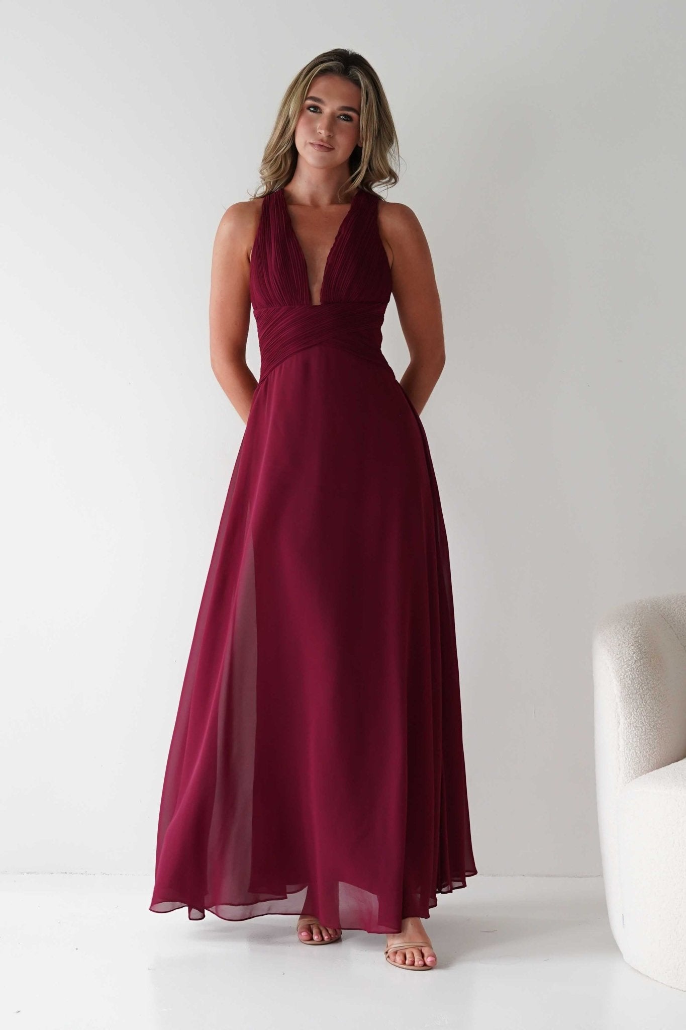 Sara A-Line Chiffon Maxi Dress Burgundy | Wedding Guest Dress | A-Line | Maxi | Oh Hello Clothing
