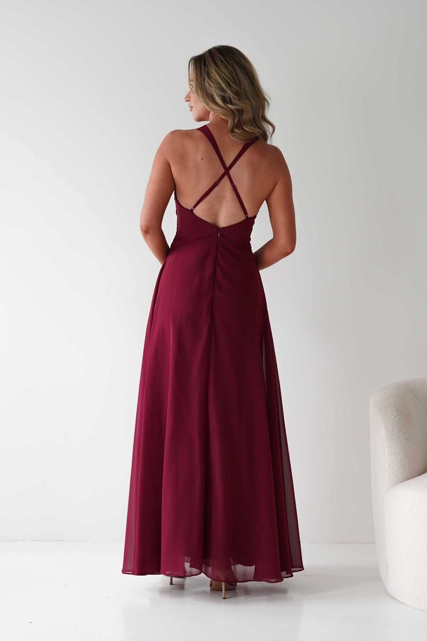 Sara A-Line Chiffon Maxi Dress Burgundy | Wedding Guest Dress | A-Line | Maxi | Oh Hello Clothing