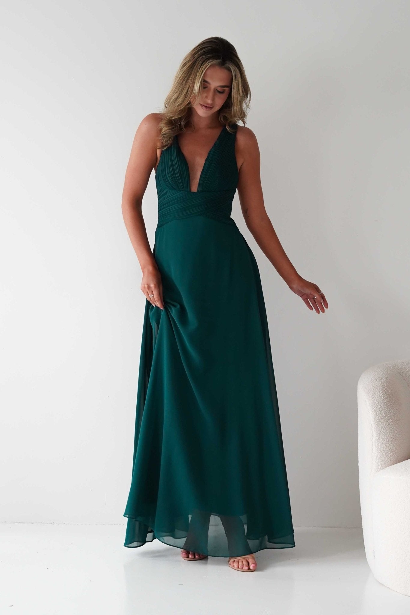 Sara A-Line Chiffon Maxi Dress Emerald Green | Wedding Guest Dress | A-Line | Maxi | Oh Hello Clothing
