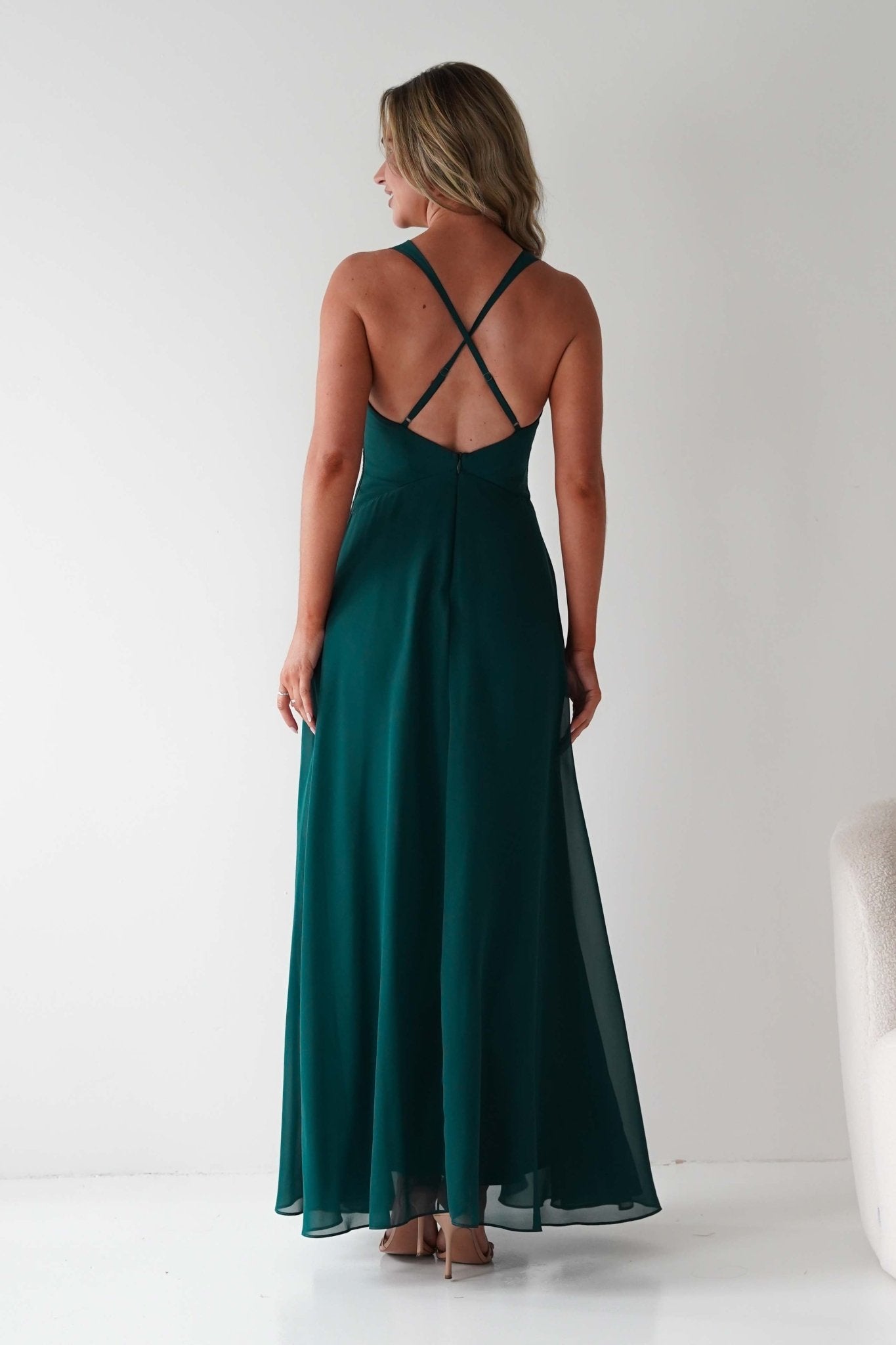 Sara A-Line Chiffon Maxi Dress Emerald Green | Wedding Guest Dress | A-Line | Maxi | Oh Hello Clothing
