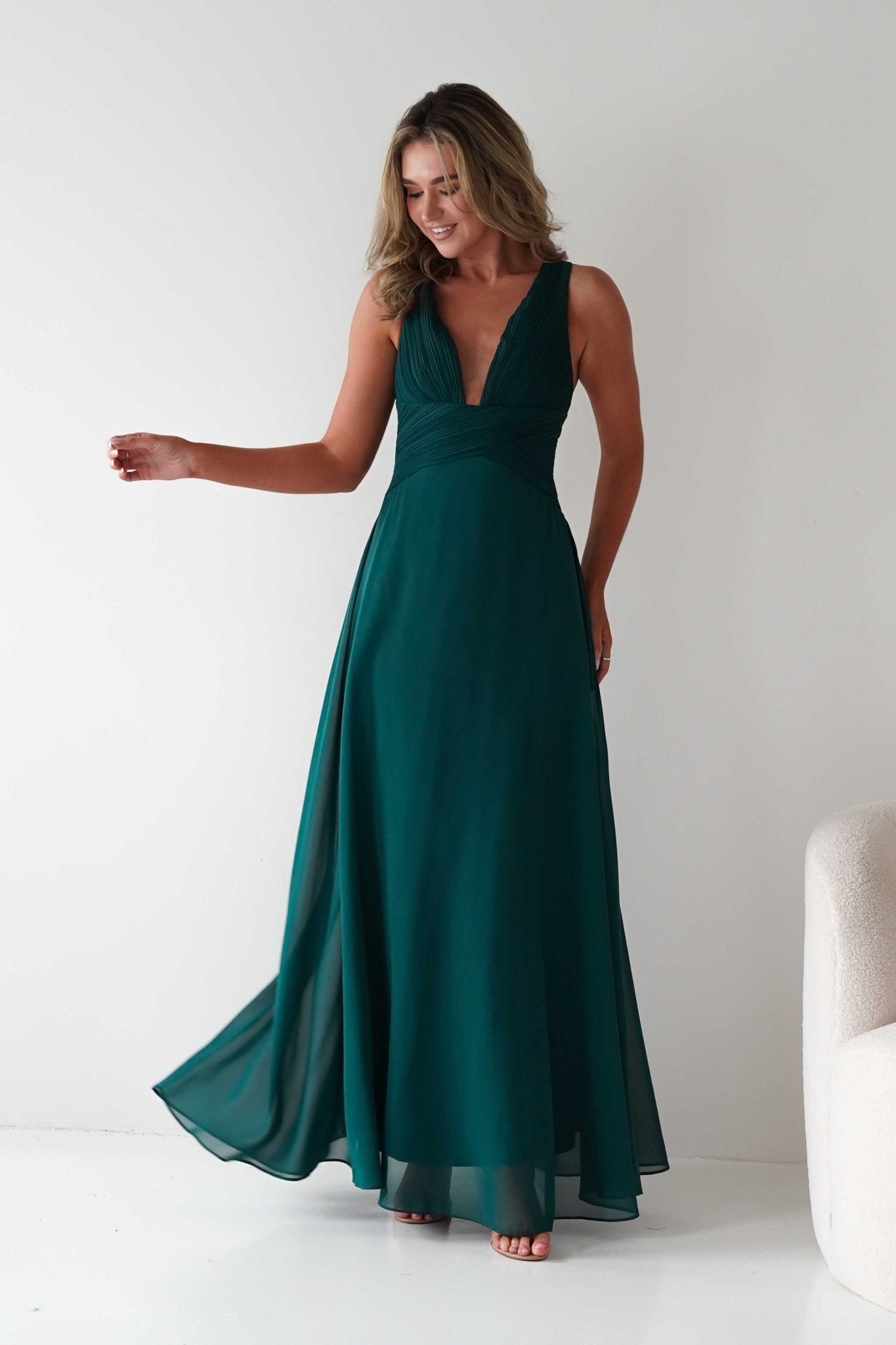 Sara A-Line Chiffon Maxi Dress Emerald Green | Wedding Guest Dress | A-Line | Maxi | Oh Hello Clothing