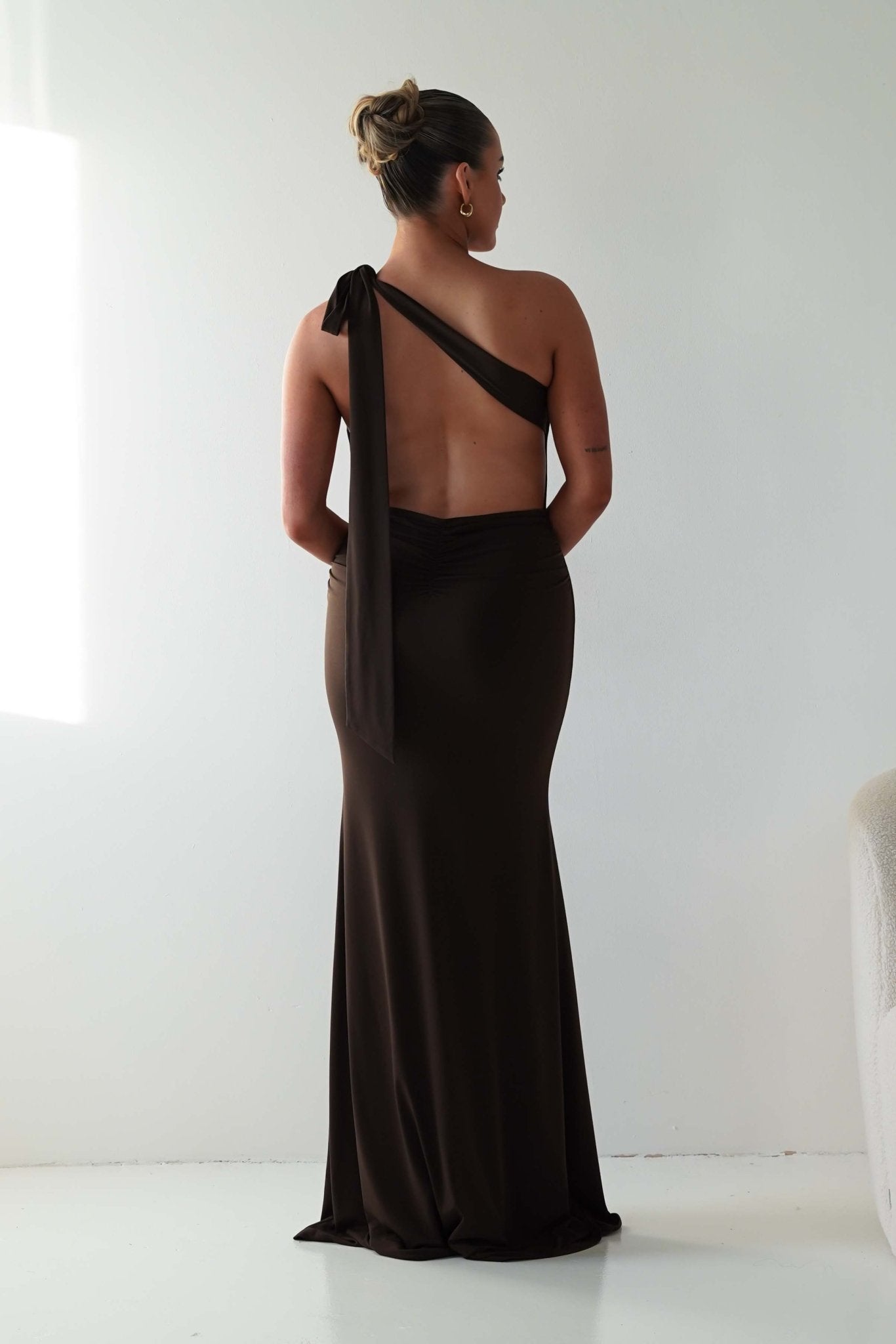 Oh Hello Clothing Wedding Guest Dresses Seraphine Backless Tie Bodycon Maxi Gown | Brown