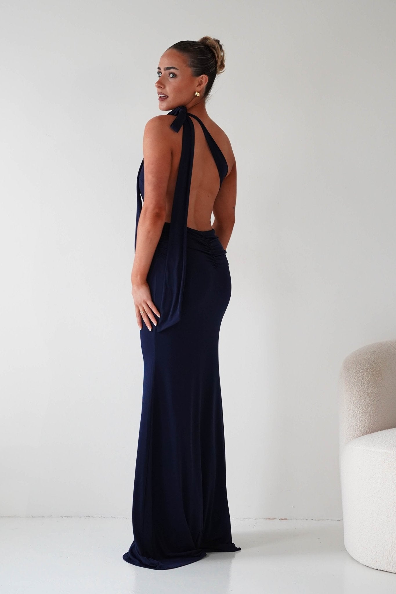 Oh Hello Clothing Wedding Guest Dresses Seraphine Backless Tie Bodycon Maxi Gown | Navy