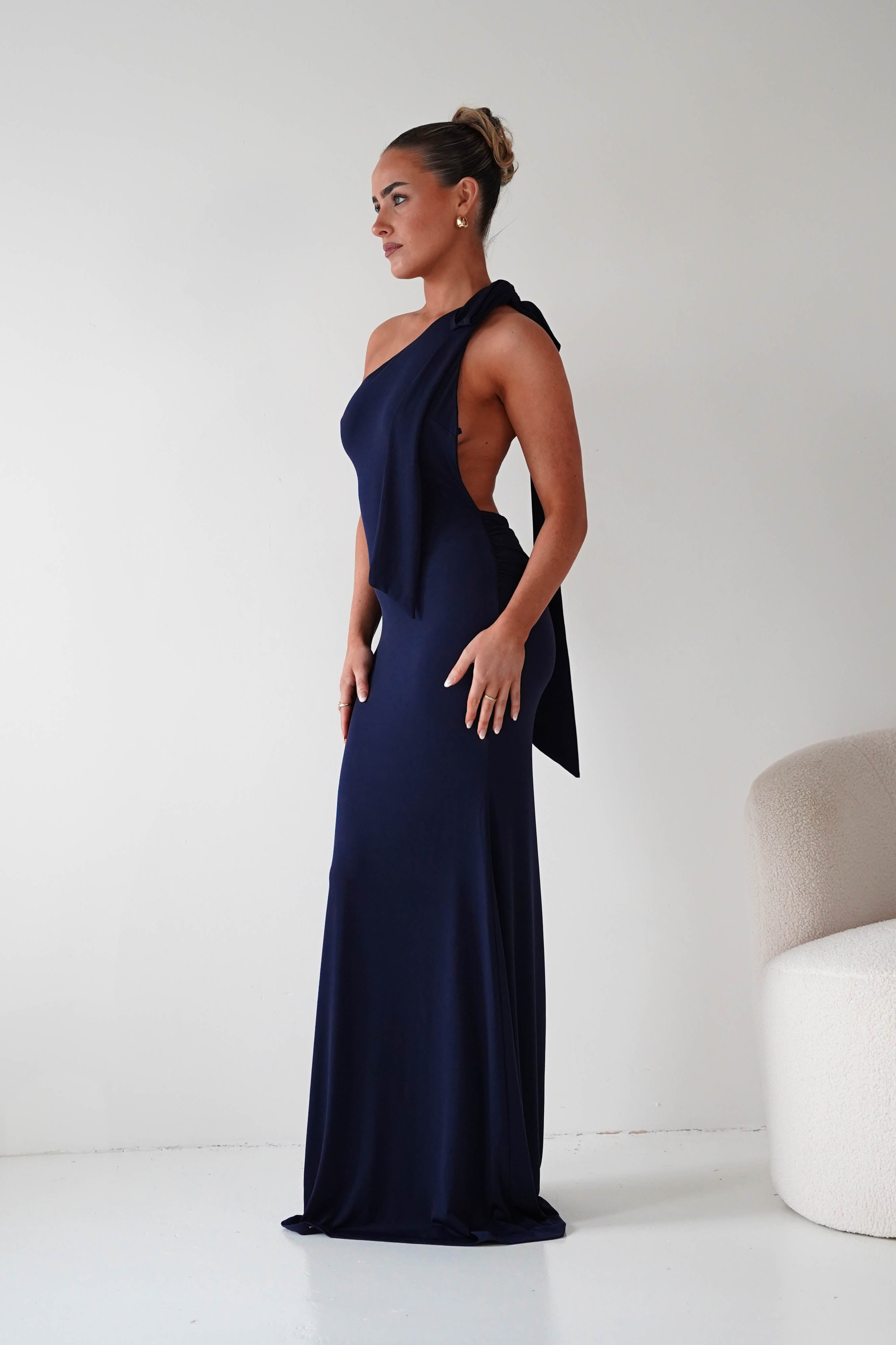 Oh Hello Clothing Wedding Guest Dresses Seraphine Backless Tie Bodycon Maxi Gown | Navy
