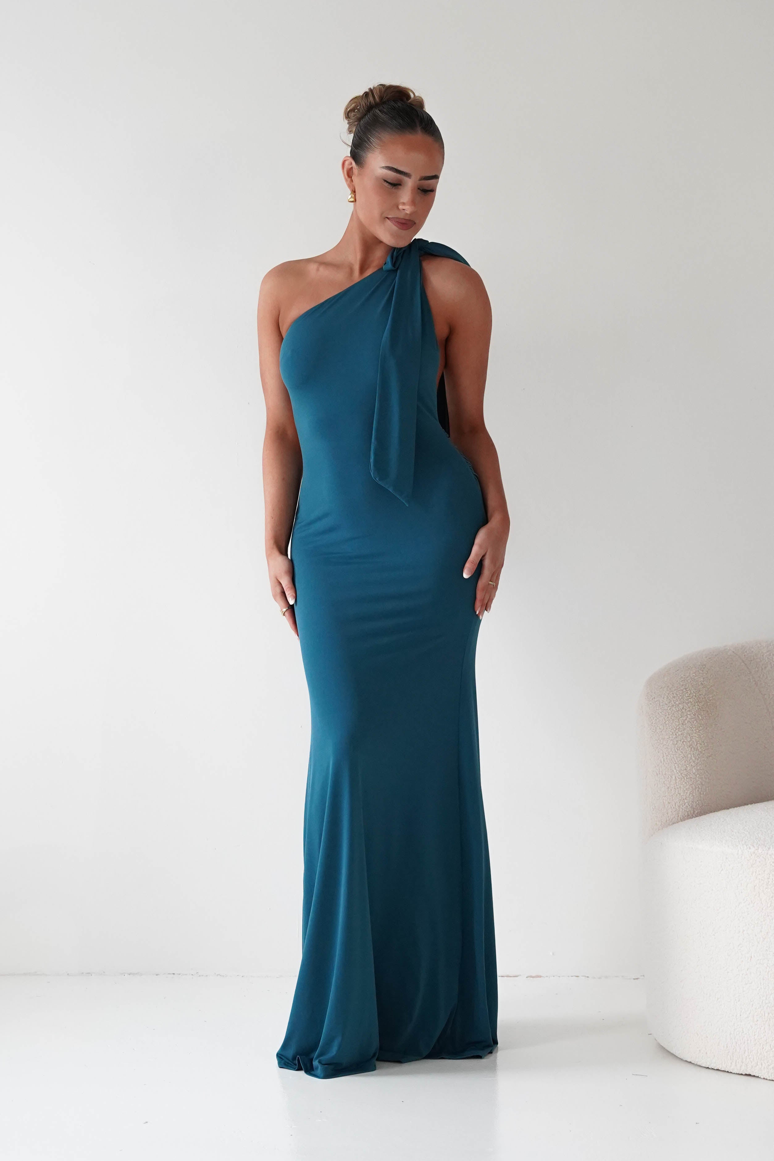 Oh Hello Clothing Debs & Prom Dresses Seraphine Backless Tie Bodycon Maxi Gown | Teal