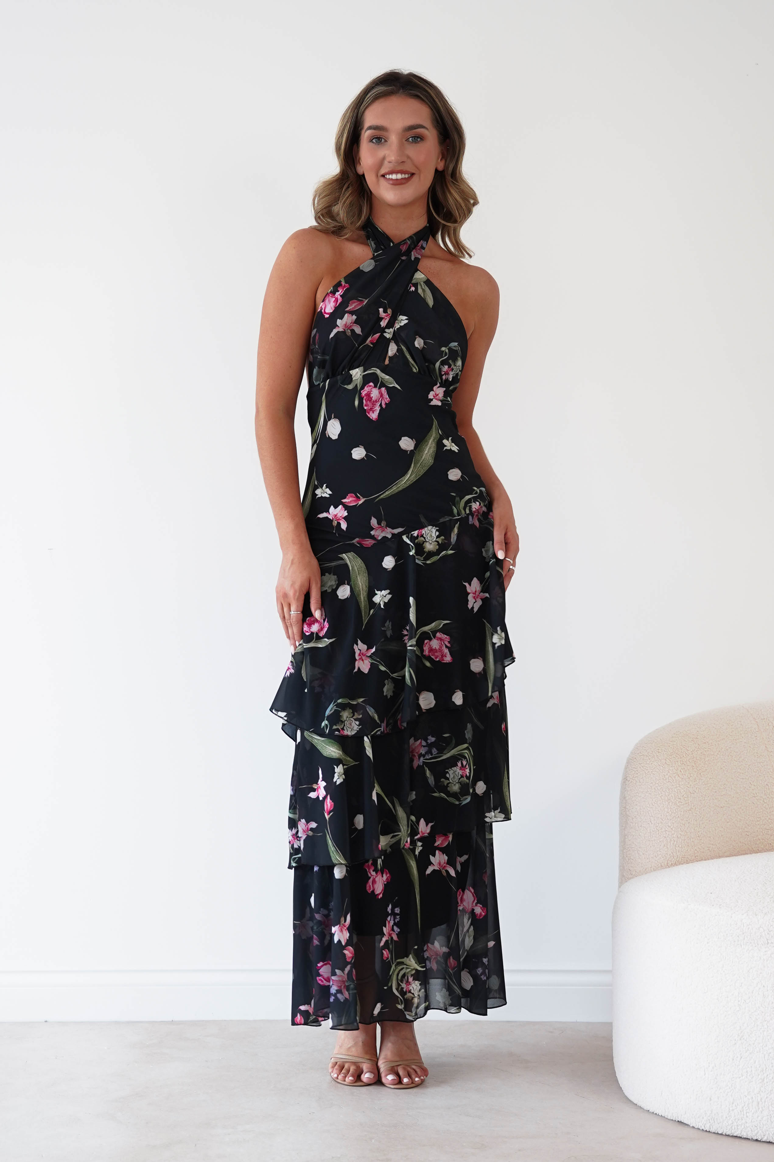Oh Hello Clothing Women > Clothing > Dresses Seren Floral Print Halterneck Maxi Dress | Black