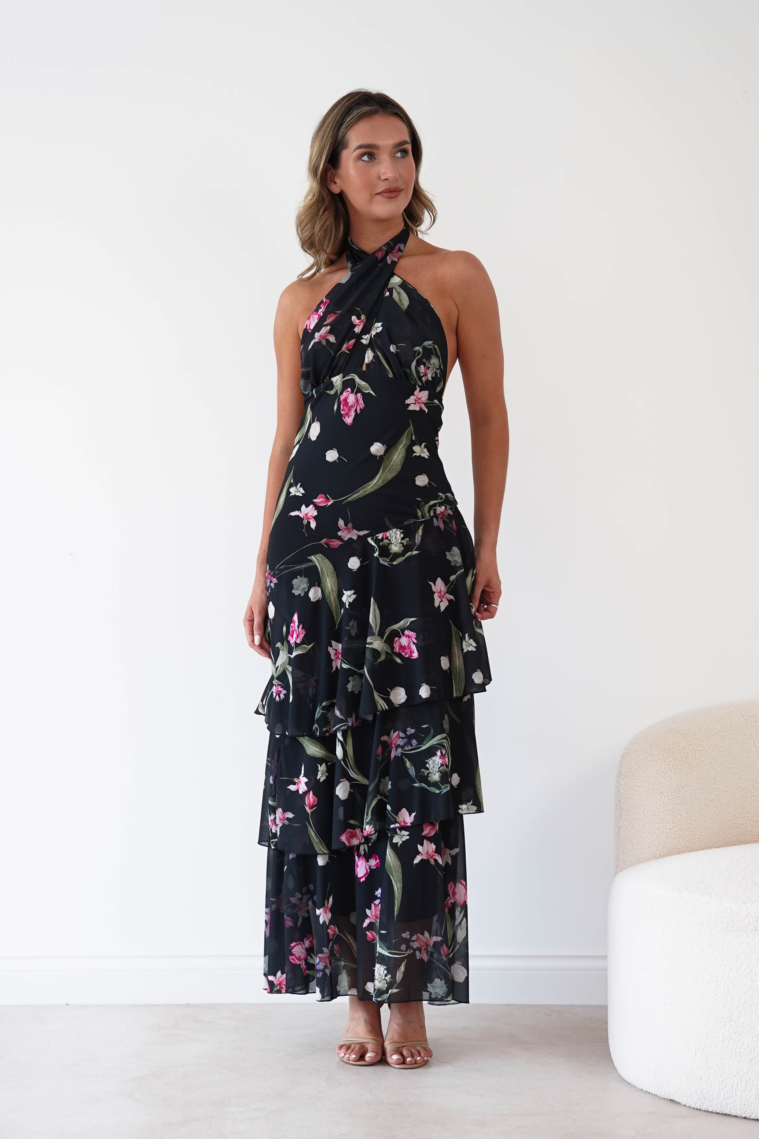 Oh Hello Clothing Women > Clothing > Dresses Seren Floral Print Halterneck Maxi Dress | Black