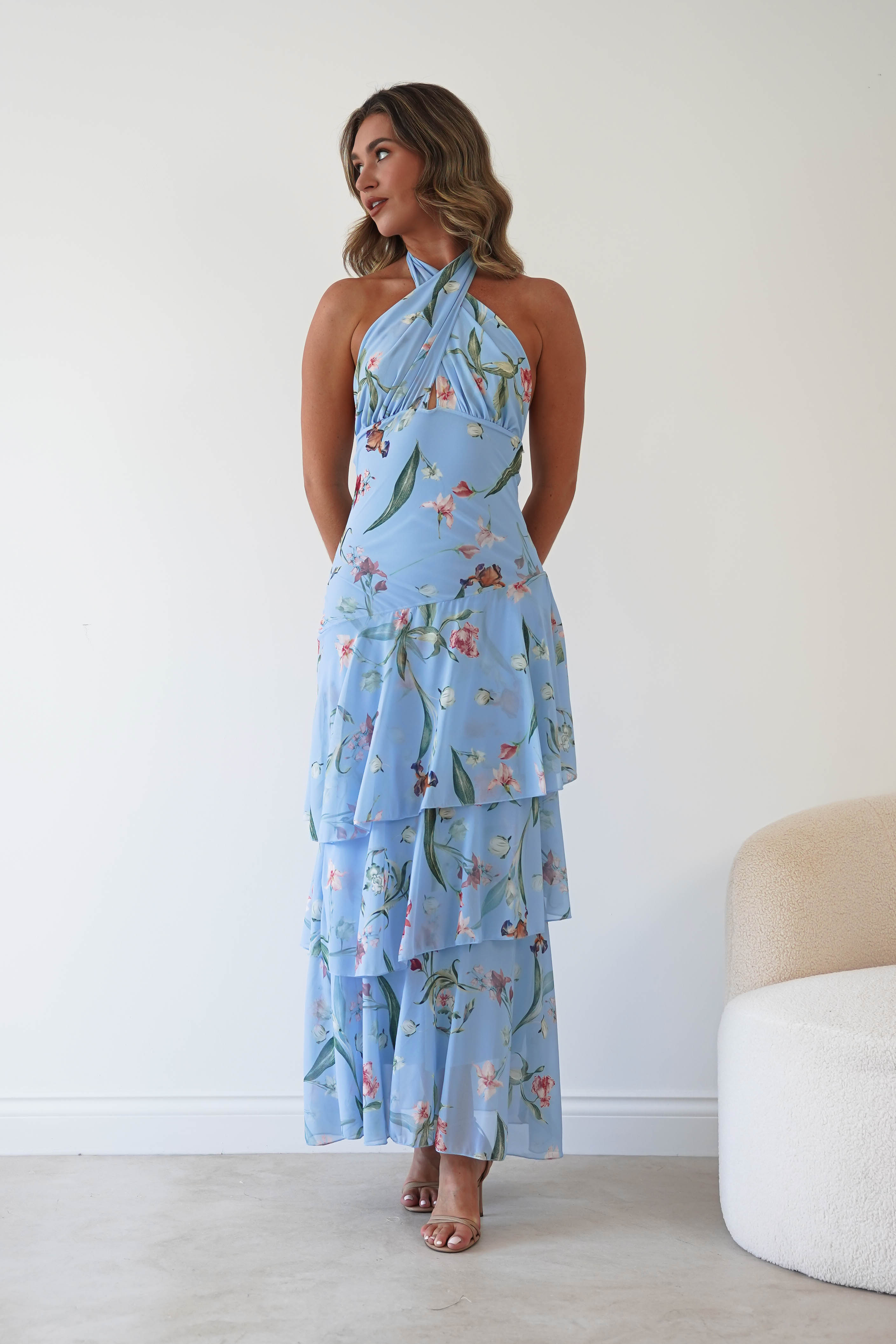 Oh Hello Clothing Women > Clothing > Dresses Seren Floral Print Halterneck Maxi Dress | Blue