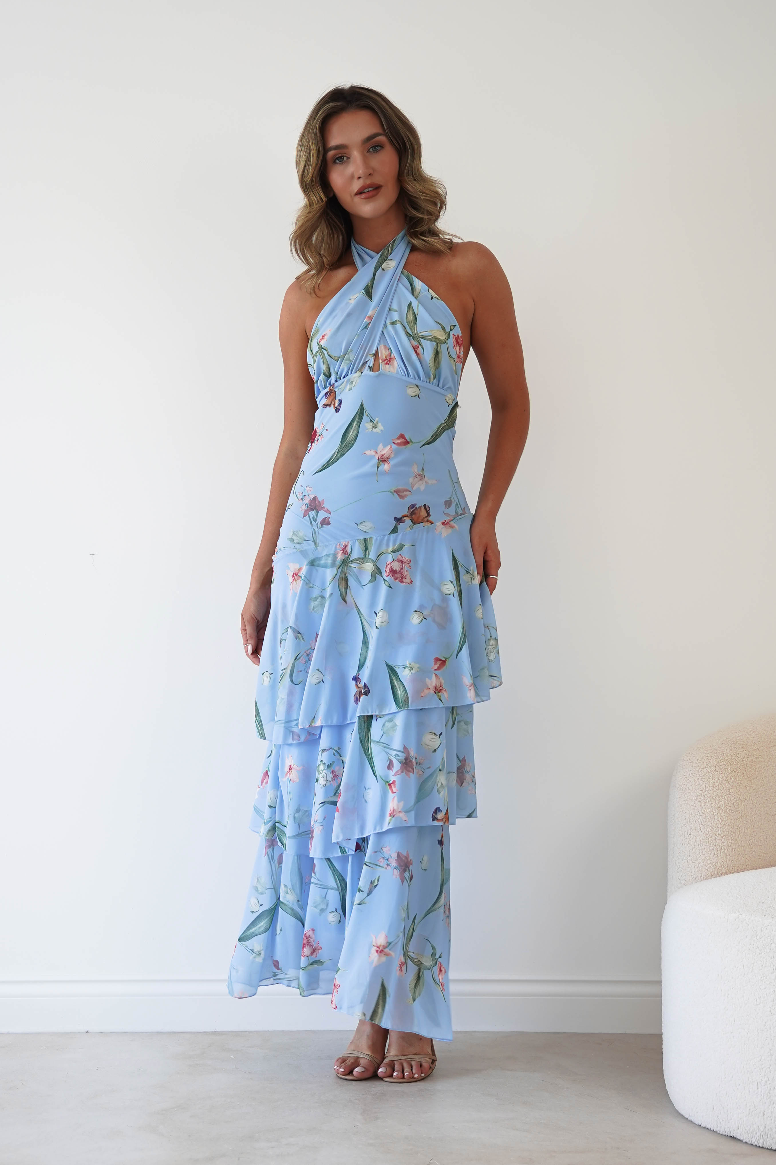 Oh Hello Clothing Women > Clothing > Dresses Seren Floral Print Halterneck Maxi Dress | Blue