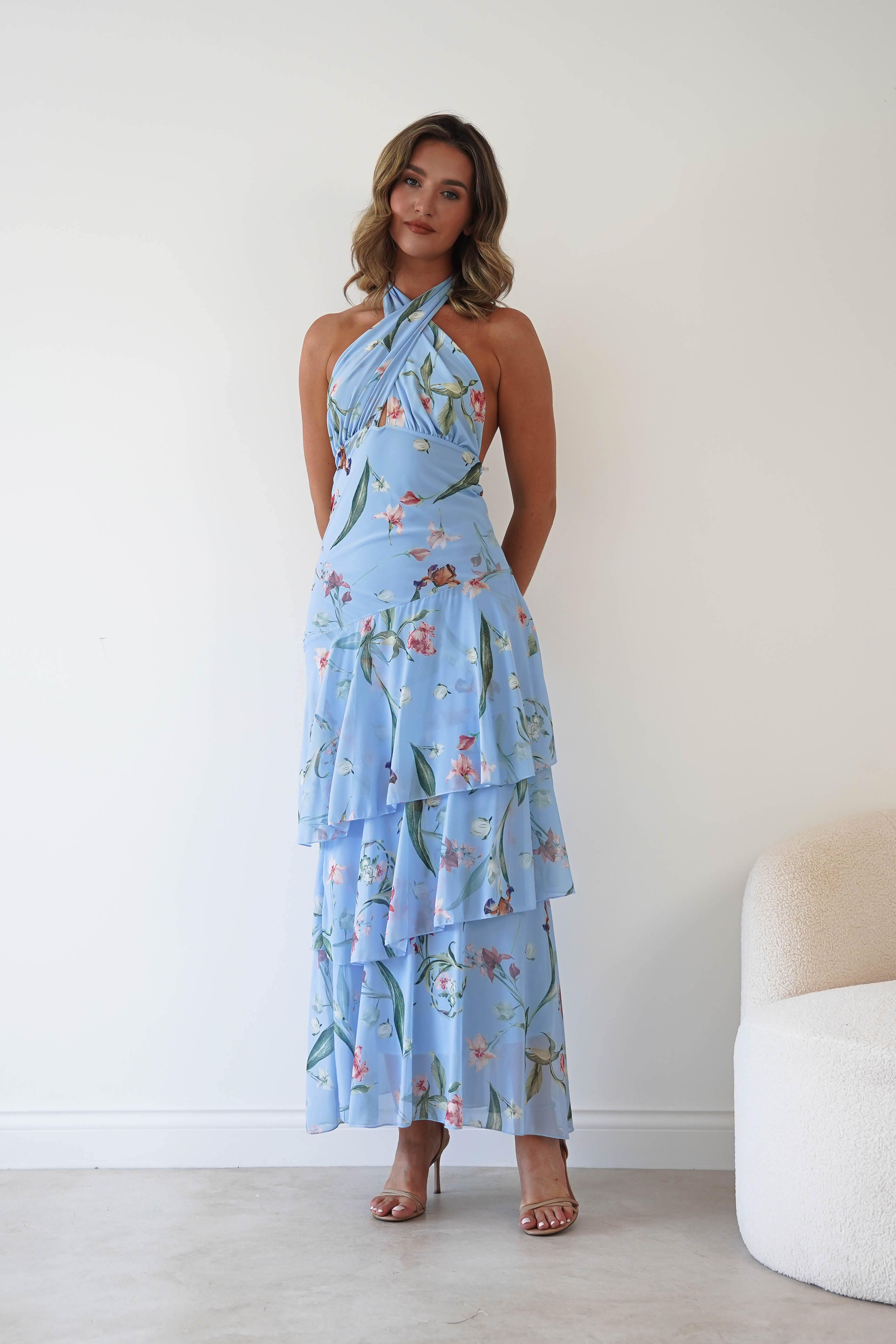 Oh Hello Clothing Women > Clothing > Dresses Seren Floral Print Halterneck Maxi Dress | Blue