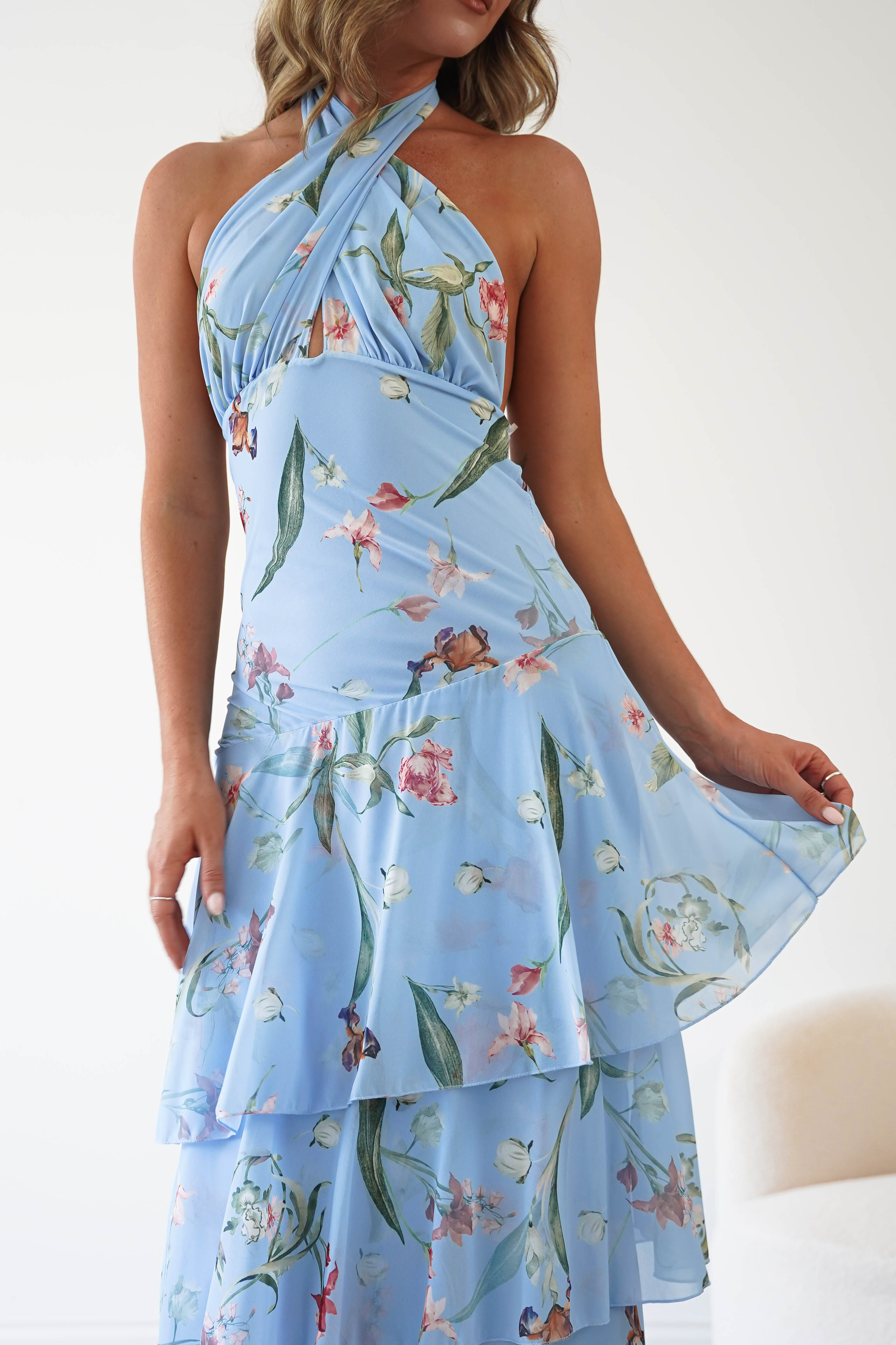 Oh Hello Clothing Women > Clothing > Dresses Seren Floral Print Halterneck Maxi Dress | Blue