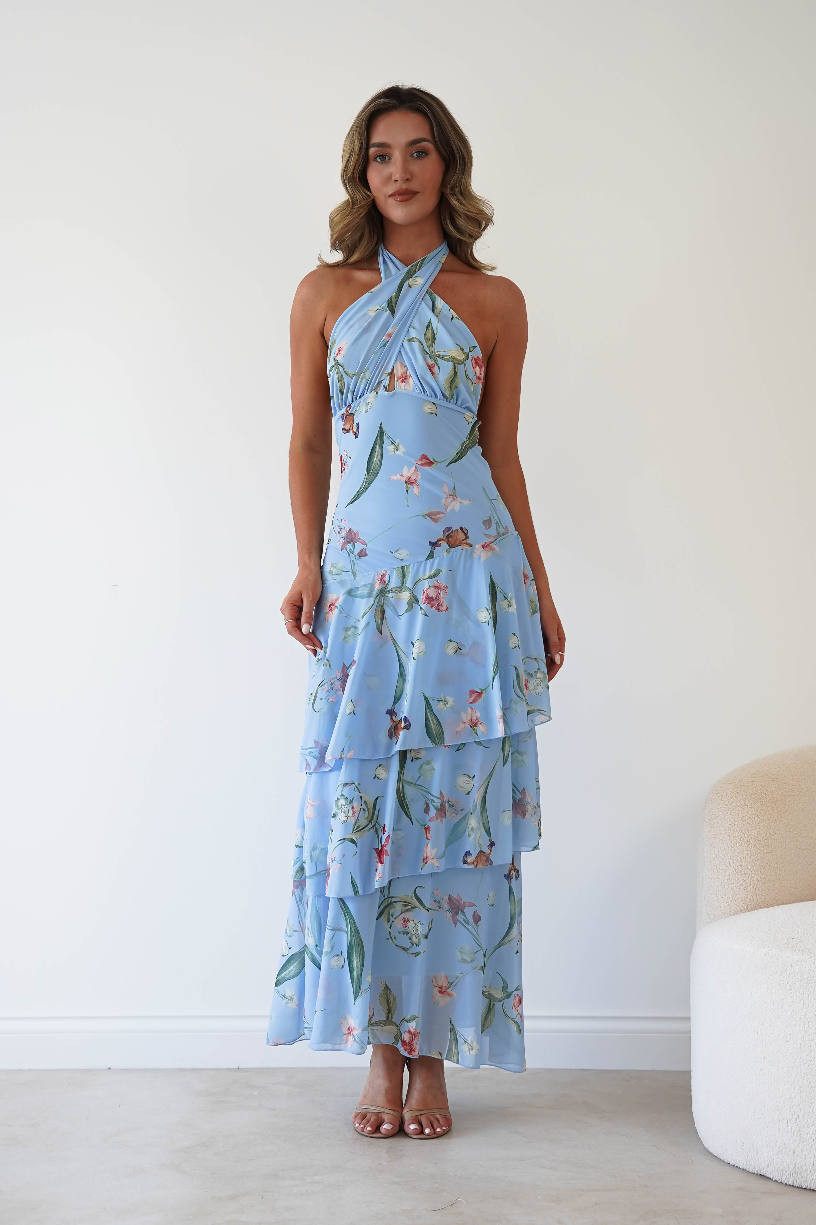 Oh Hello Clothing Women > Clothing > Dresses Seren Floral Print Halterneck Maxi Dress | Blue