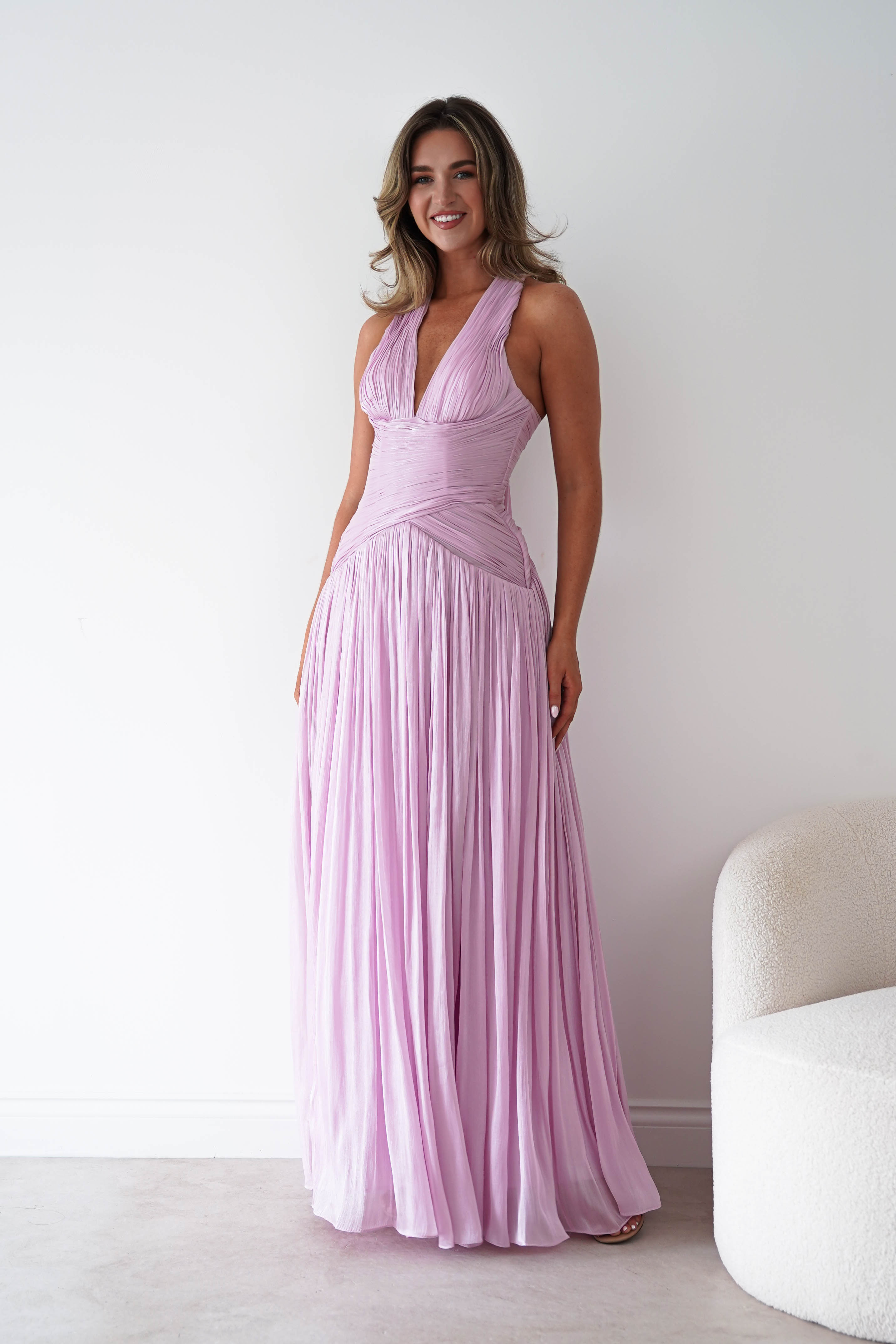 Oh Hello Clothing Dresses > Prom Dresses Sharelle Pleated Luminescent Maxi Gown | Pink