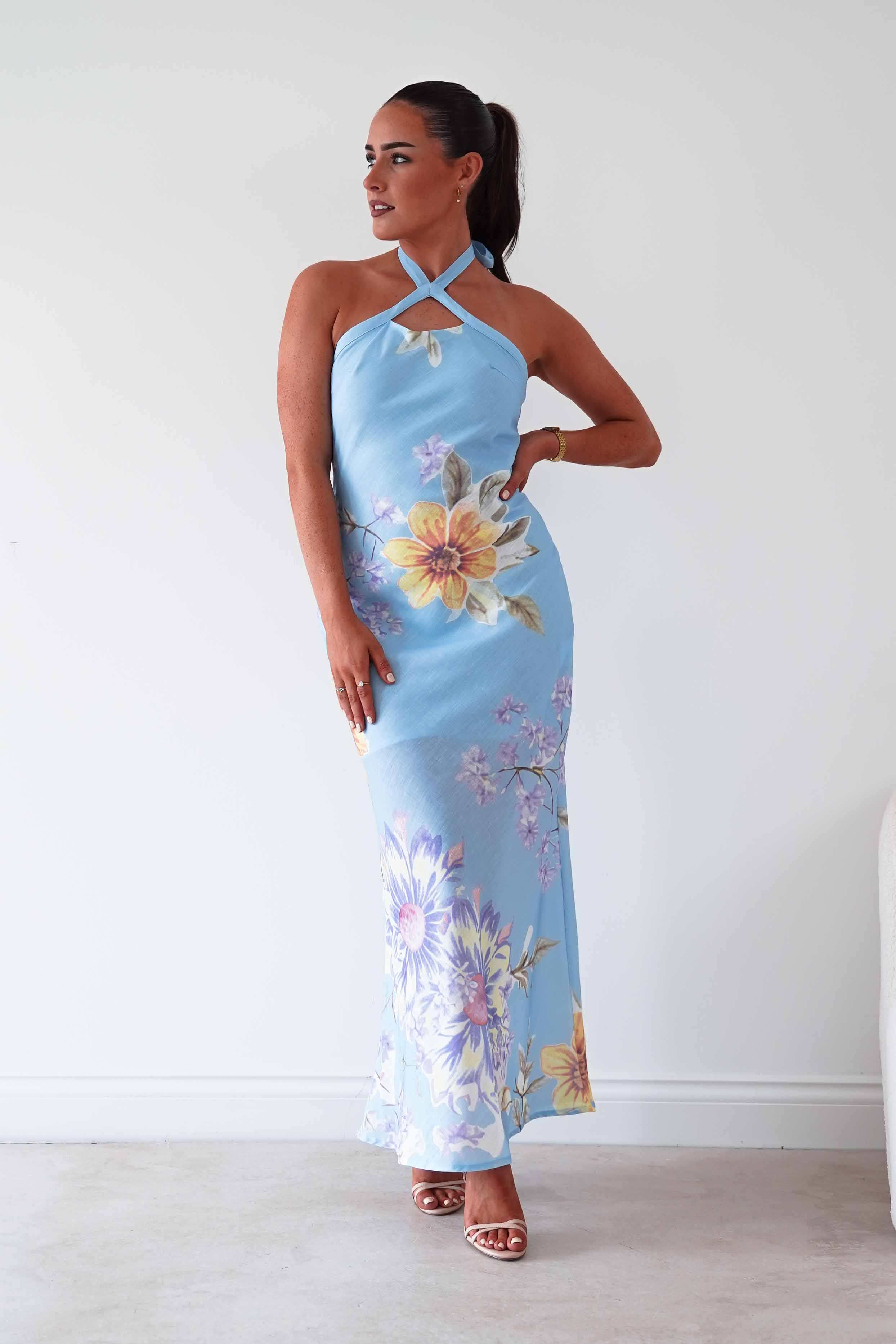 Oh Hello Clothing Women > Clothing > Dresses Siara Floral Halterneck Midi Dress | Blue