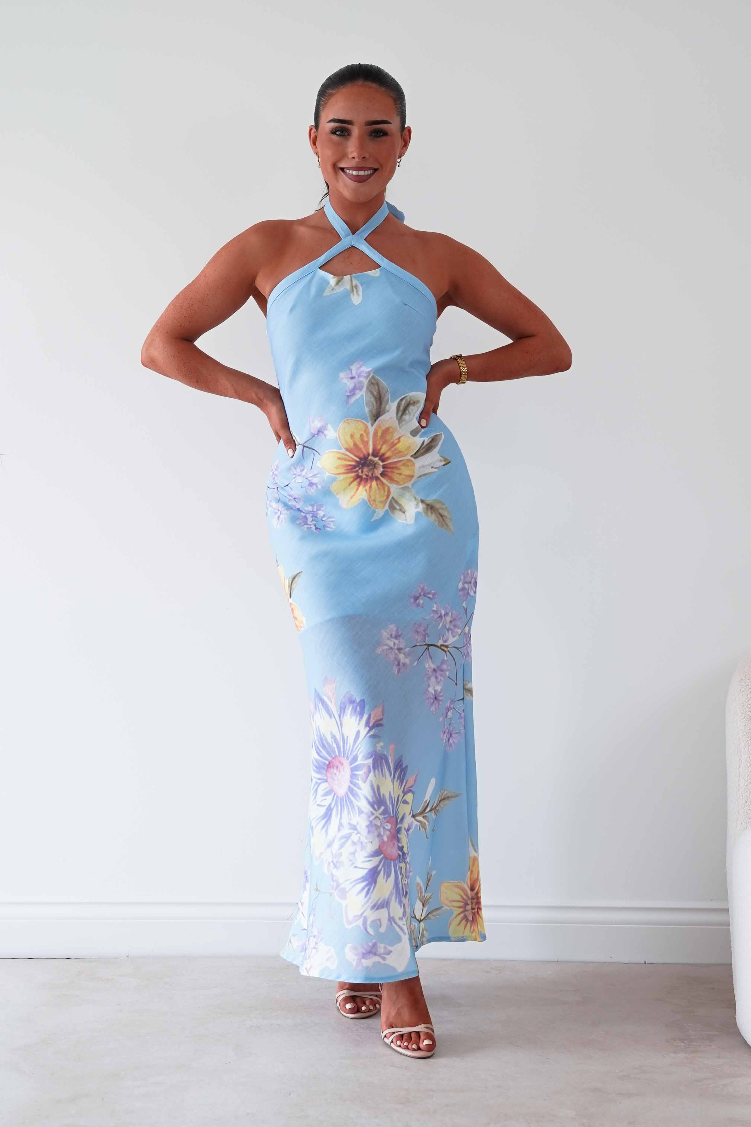Oh Hello Clothing Women > Clothing > Dresses Siara Floral Halterneck Midi Dress | Blue