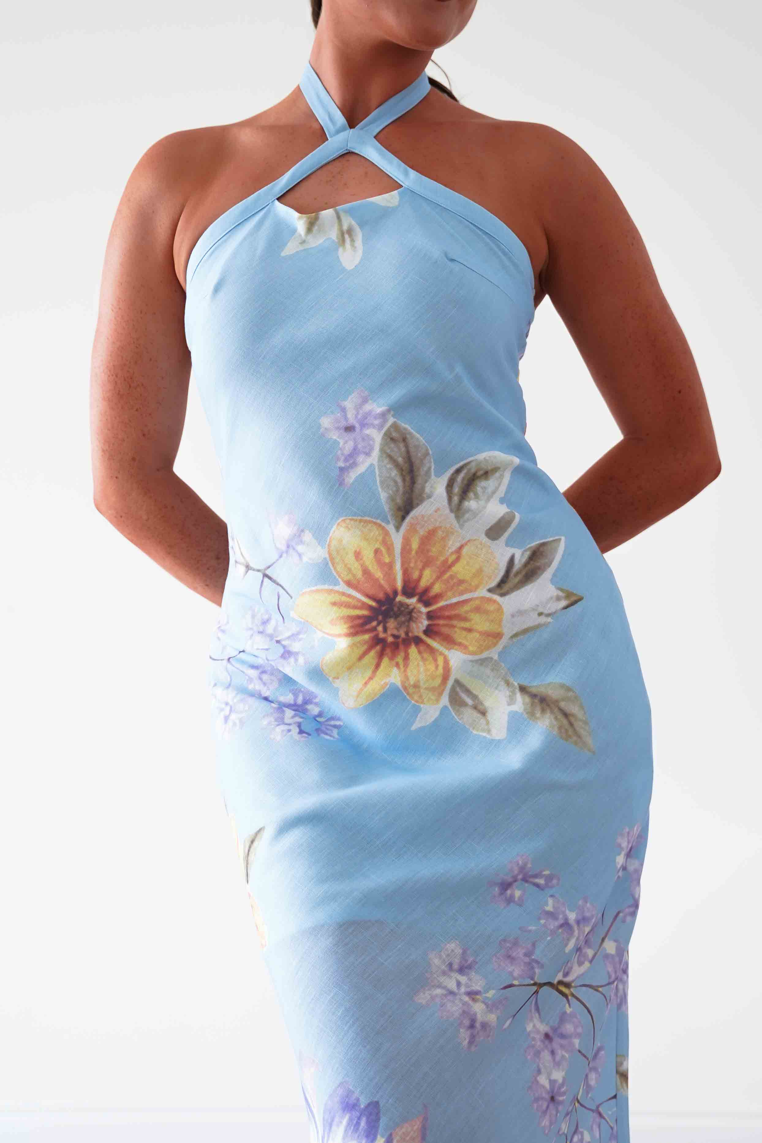 Oh Hello Clothing Women > Clothing > Dresses Siara Floral Halterneck Midi Dress | Blue