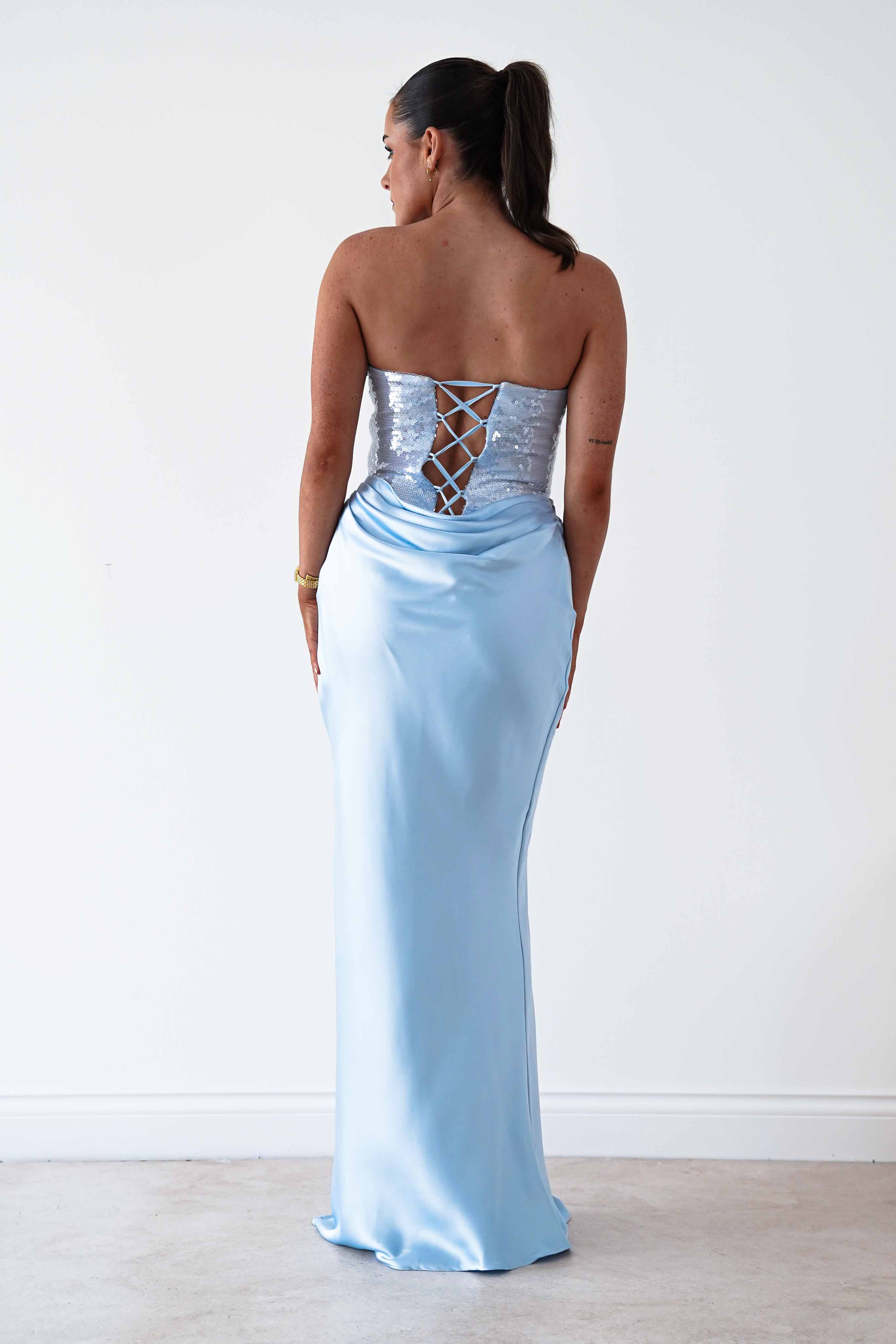 Oh Hello Clothing Dresses > Prom Dresses Sienne Strapless Sequin Satin Maxi Dress | Blue