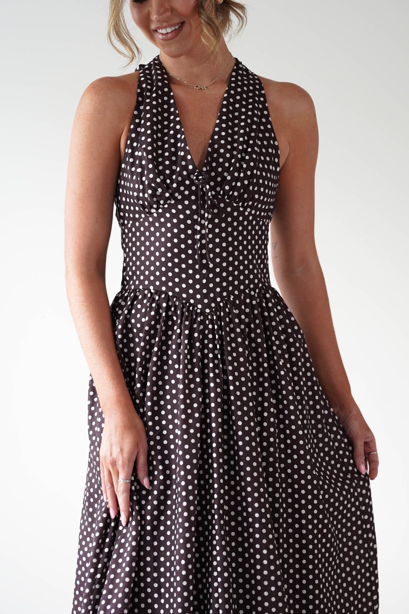 Sivana Polka Dot Skater Maxi Dress Brown | Wedding Guest Dress | Maxi | Skater | Oh Hello Clothing
