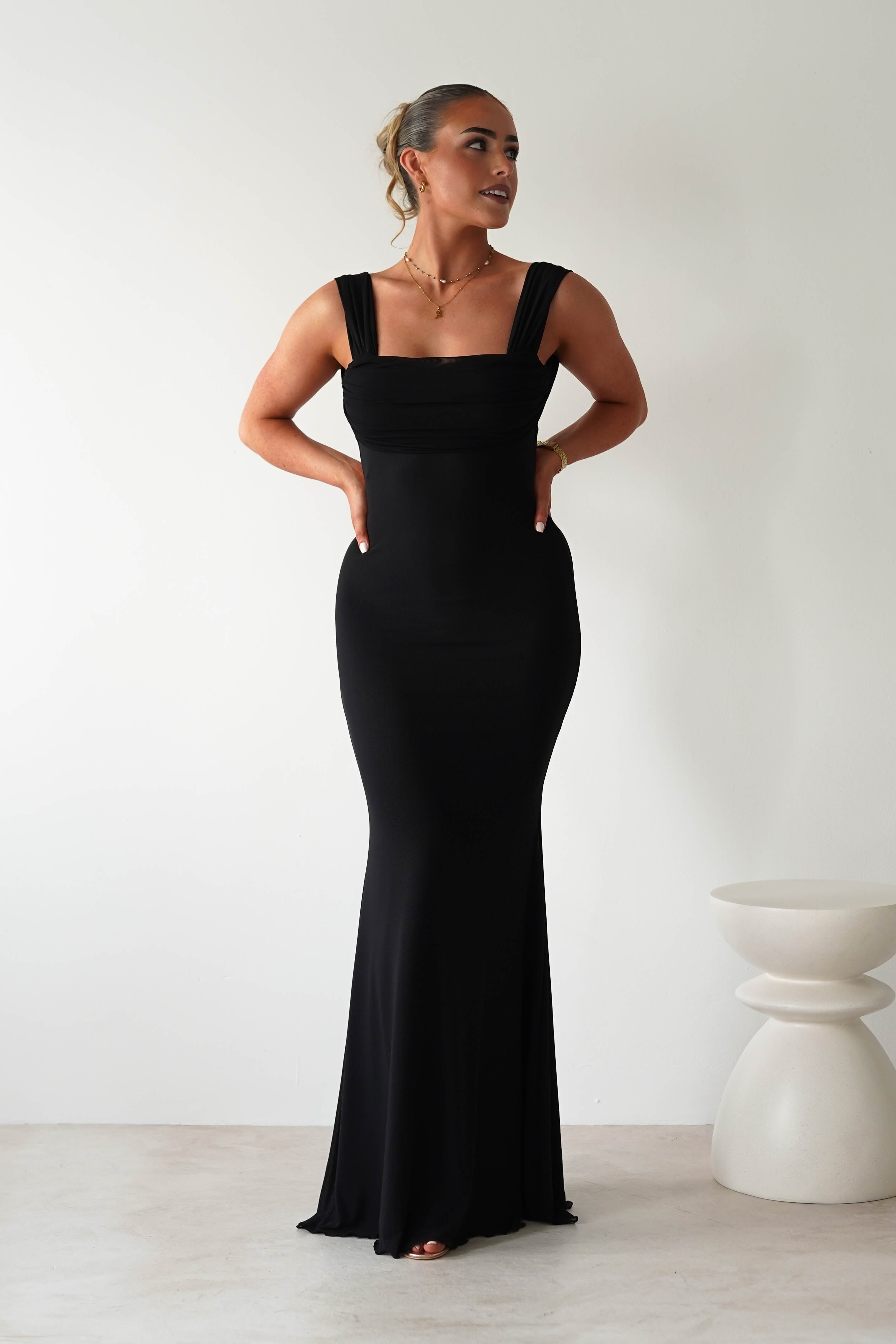 Sky Stretchy Mesh Backless Maxi Dress Black | Wedding Guest Dress | Backless | Maxi | Oh Hello Clothing