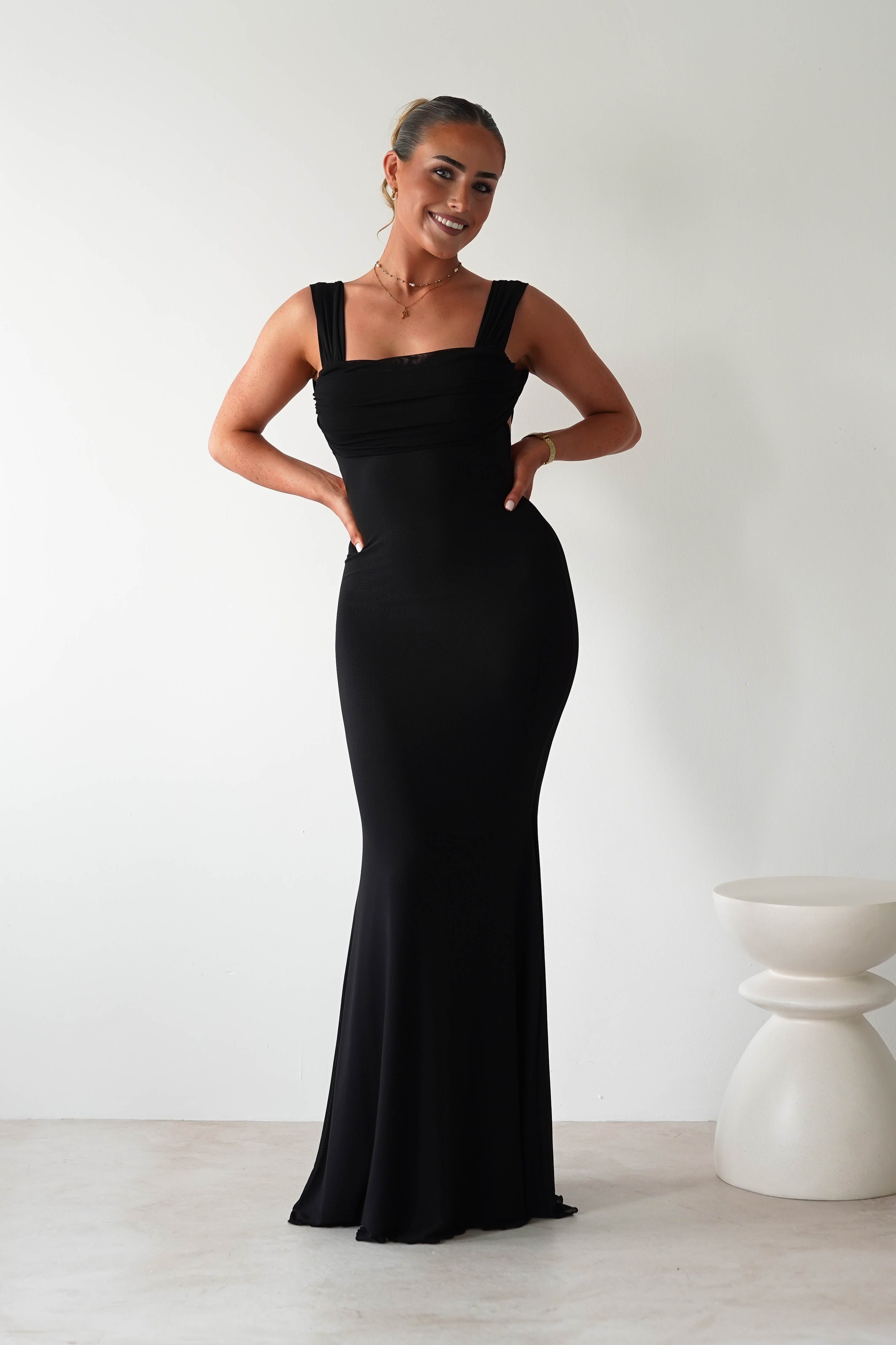 Sky Stretchy Mesh Backless Maxi Dress Black | Wedding Guest Dress | Backless | Maxi | Oh Hello Clothing
