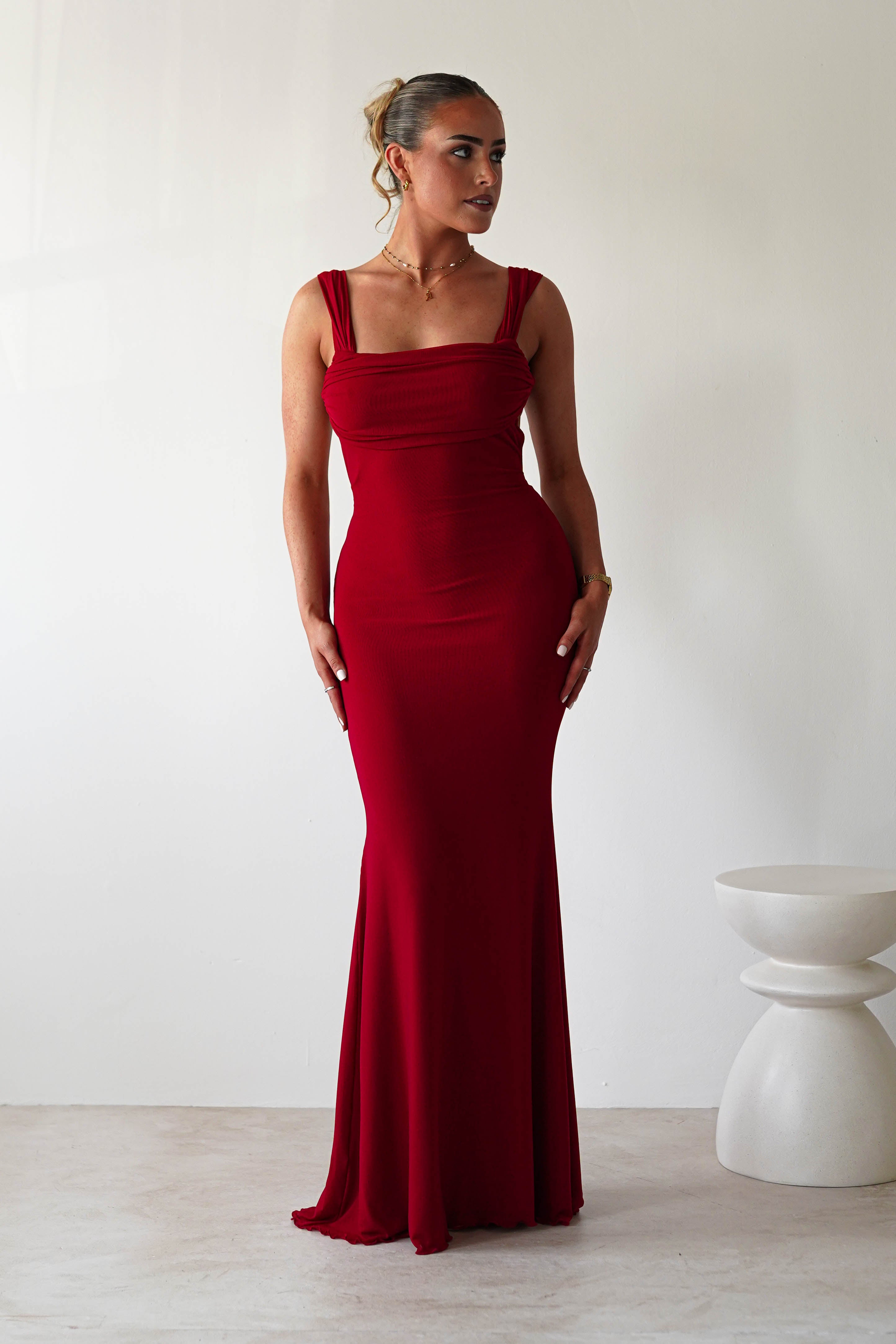 Sky Stretchy Mesh Backless Maxi Dress Dark Red | Wedding Guest Dress | Backless | Maxi | Oh Hello Clothing