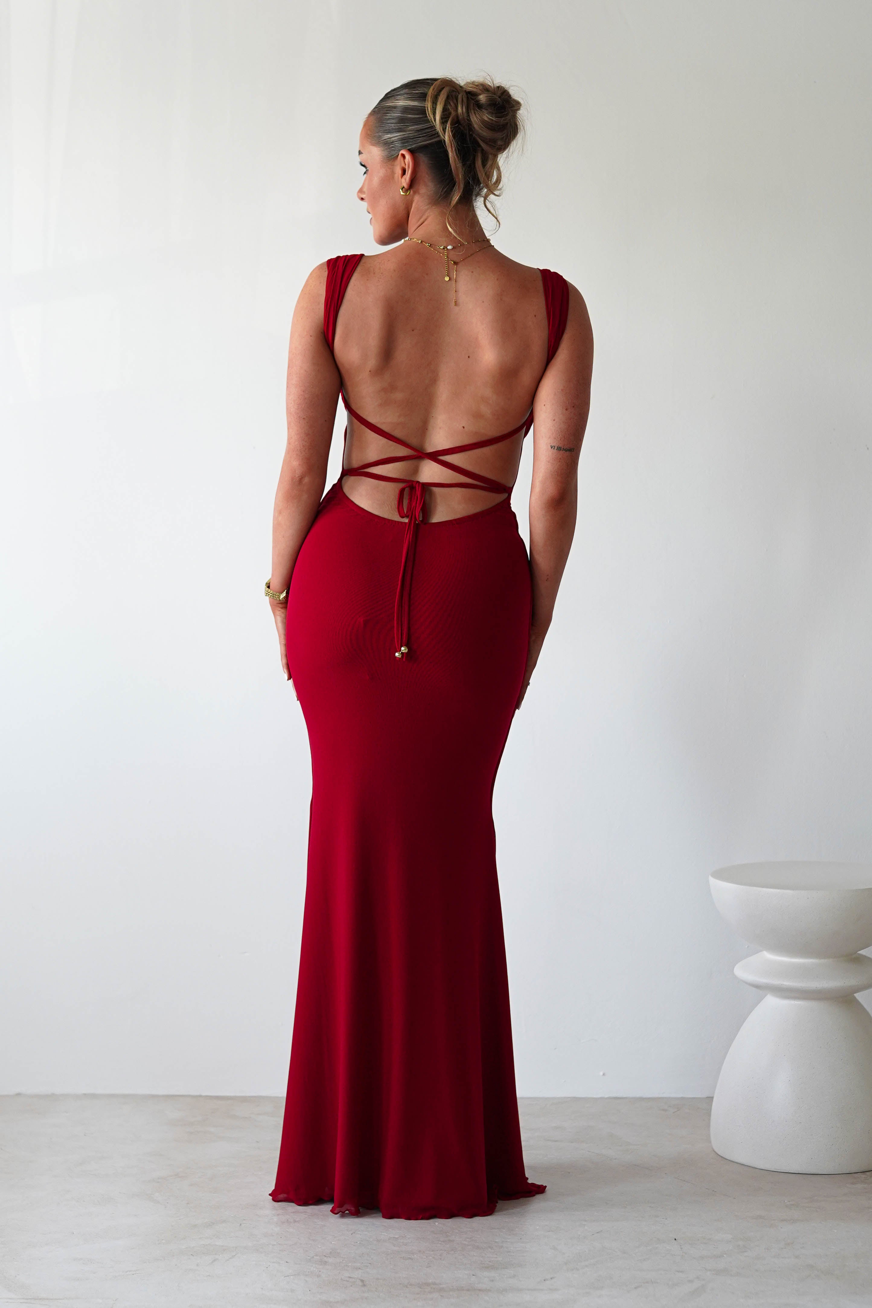 Sky Stretchy Mesh Backless Maxi Dress Dark Red | Wedding Guest Dress | Backless | Maxi | Oh Hello Clothing