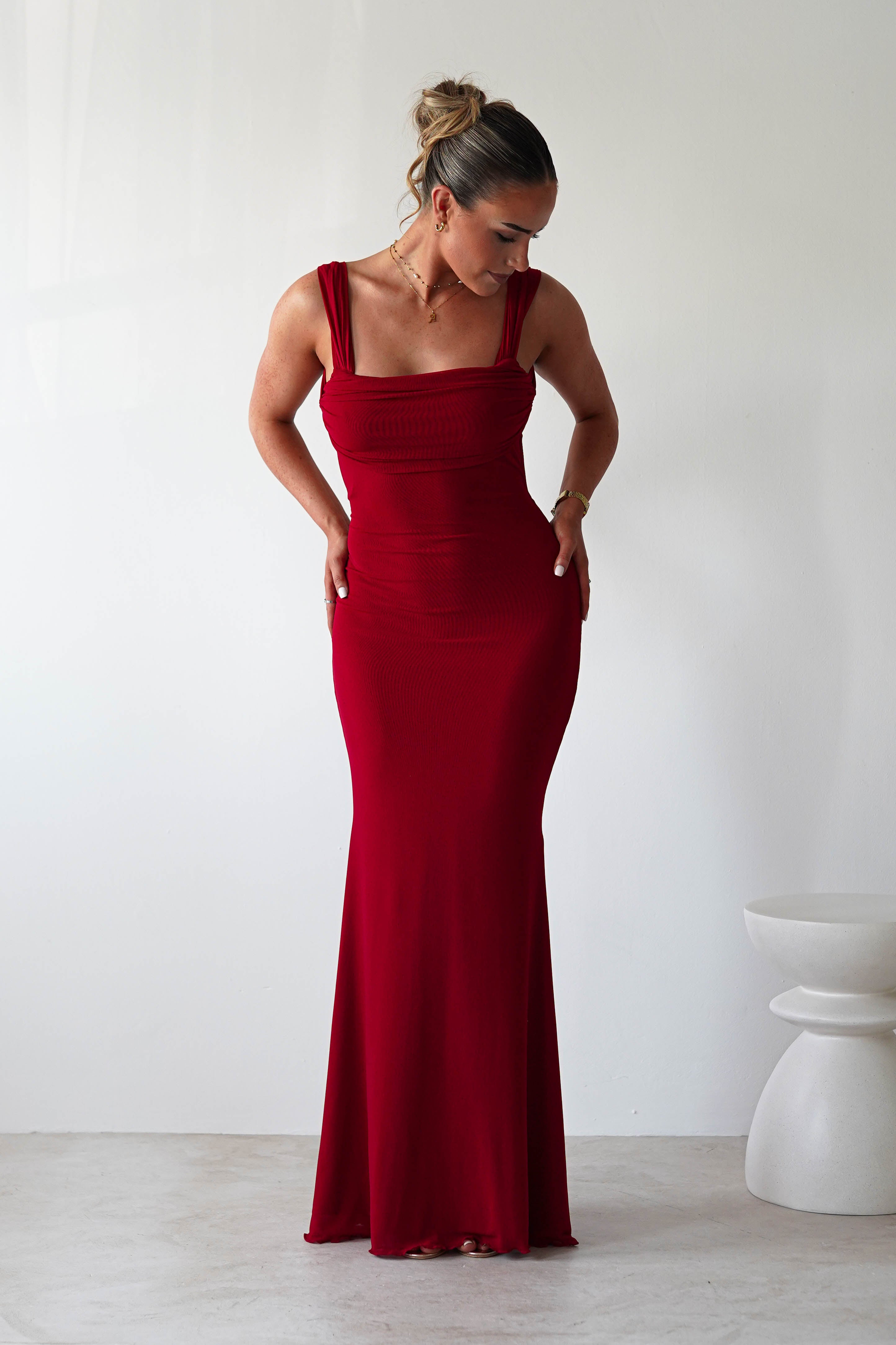 Sky Stretchy Mesh Backless Maxi Dress Dark Red | Wedding Guest Dress | Backless | Maxi | Oh Hello Clothing