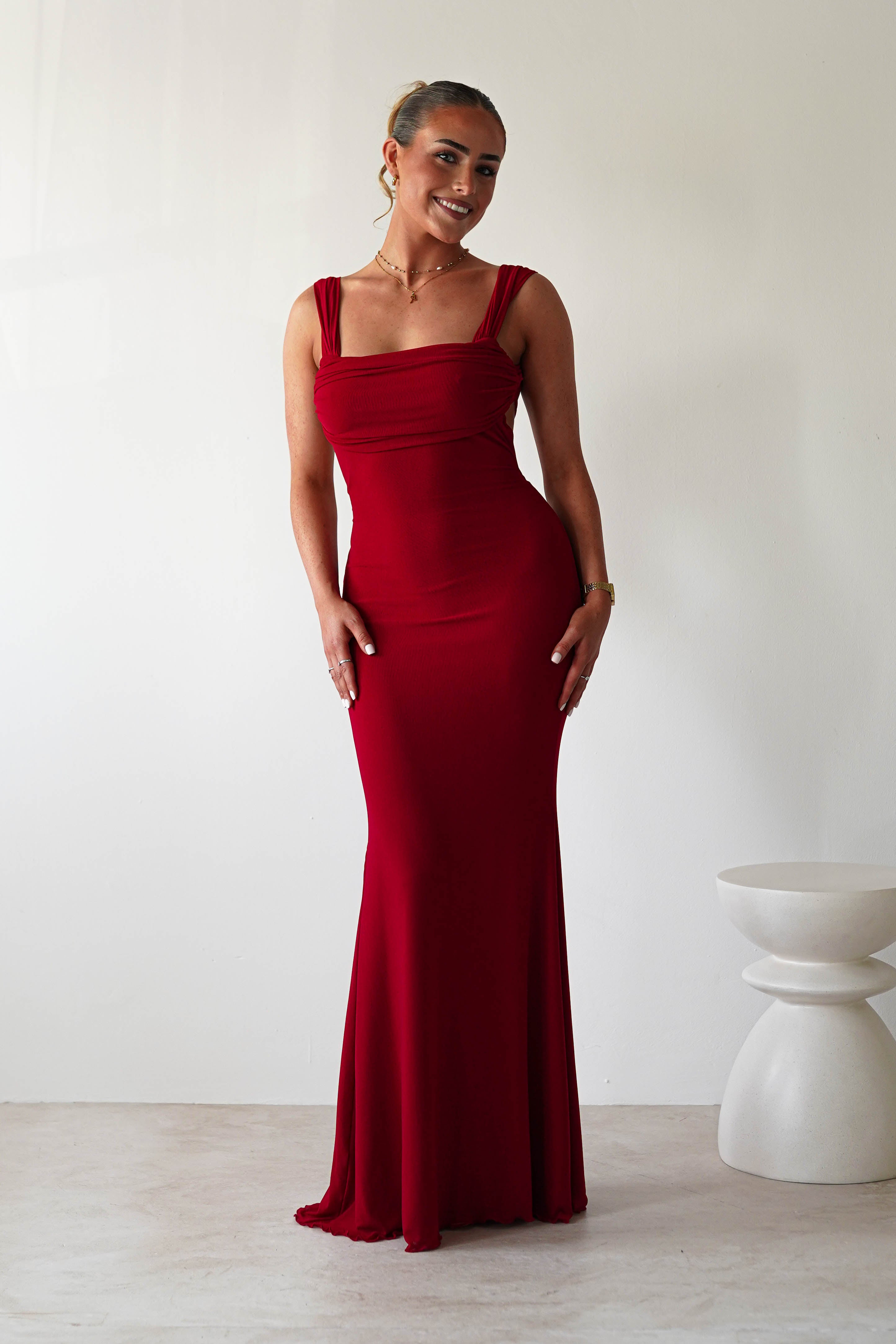 Sky Stretchy Mesh Backless Maxi Dress Dark Red | Wedding Guest Dress | Backless | Maxi | Oh Hello Clothing