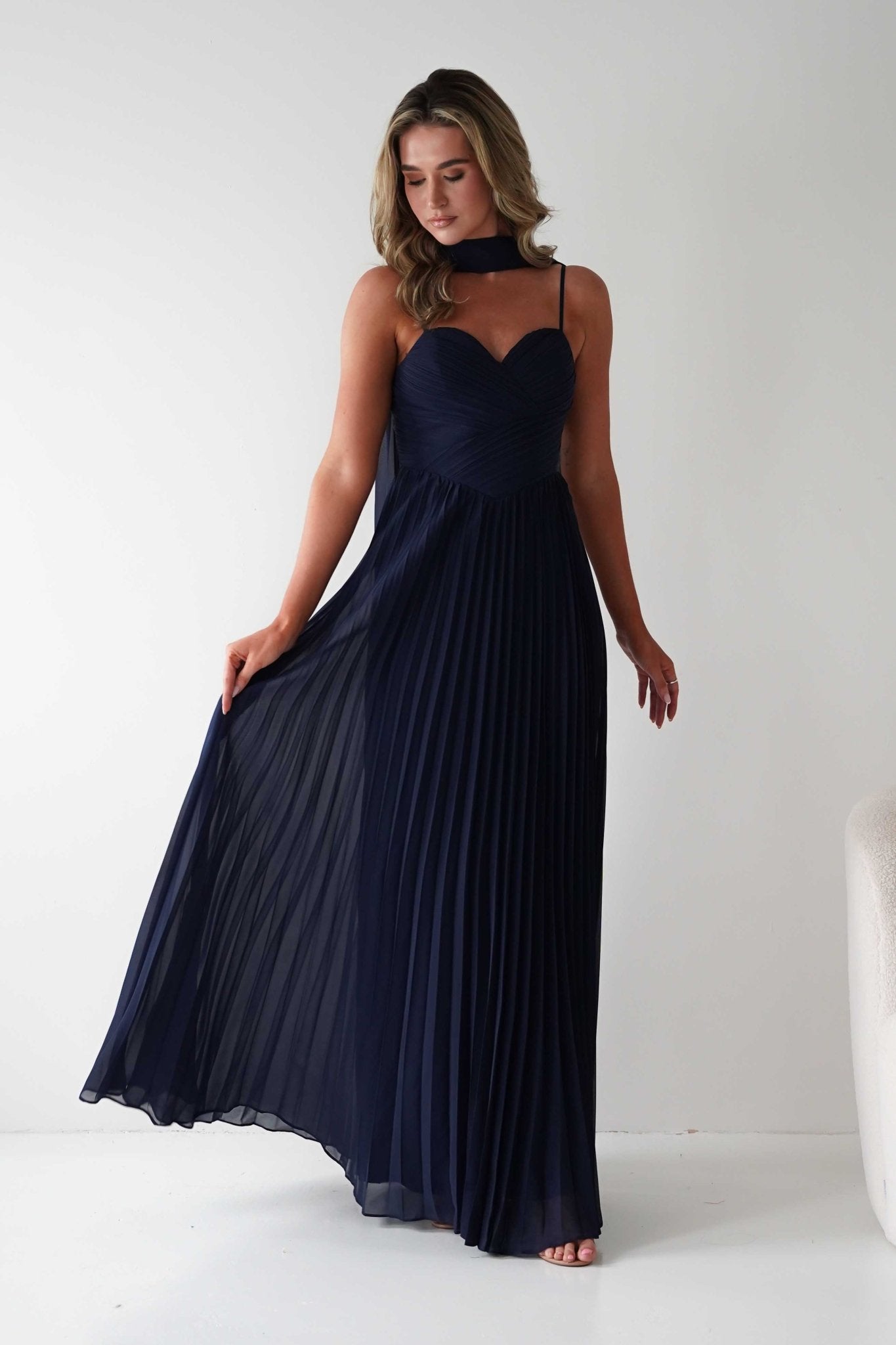 Sonia Pleated Scarf detail Maxi Dress Navy | Wedding Guest Dress | Pleated Skirt | Maxi | Oh Hello Clothing