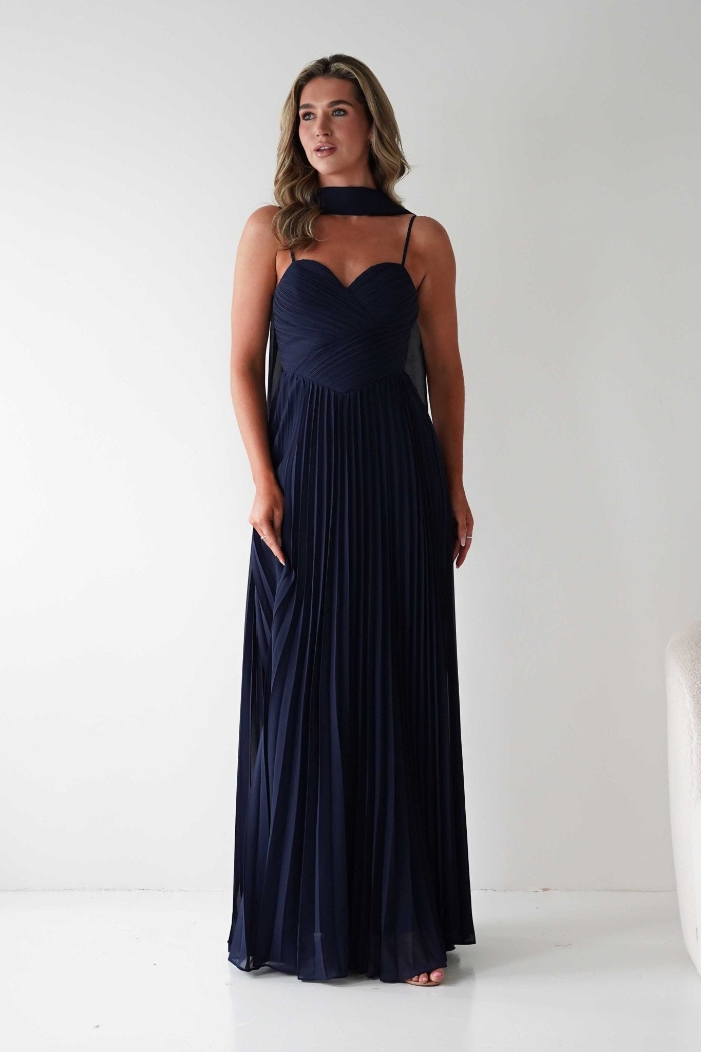 Sonia Pleated Scarf detail Maxi Dress Navy | Wedding Guest Dress | Pleated Skirt | Maxi | Oh Hello Clothing