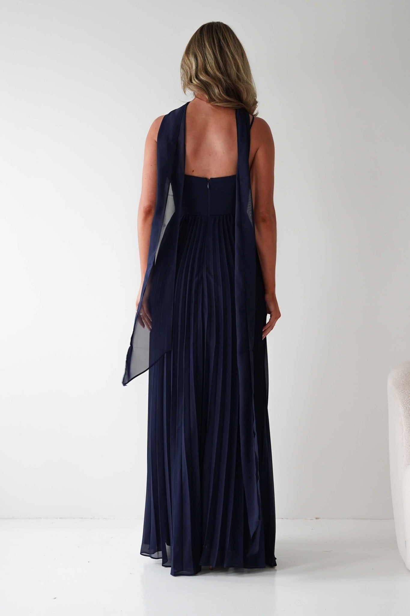 Sonia Pleated Scarf detail Maxi Dress Navy | Wedding Guest Dress | Pleated Skirt | Maxi | Oh Hello Clothing