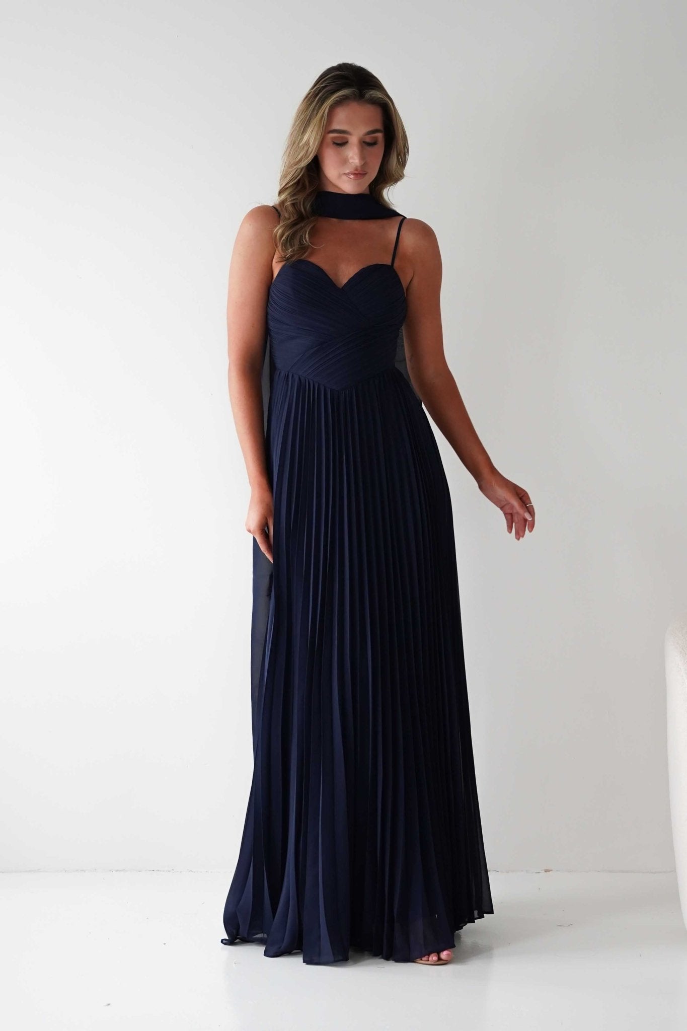 Sonia Pleated Scarf detail Maxi Dress Navy | Wedding Guest Dress | Pleated Skirt | Maxi | Oh Hello Clothing
