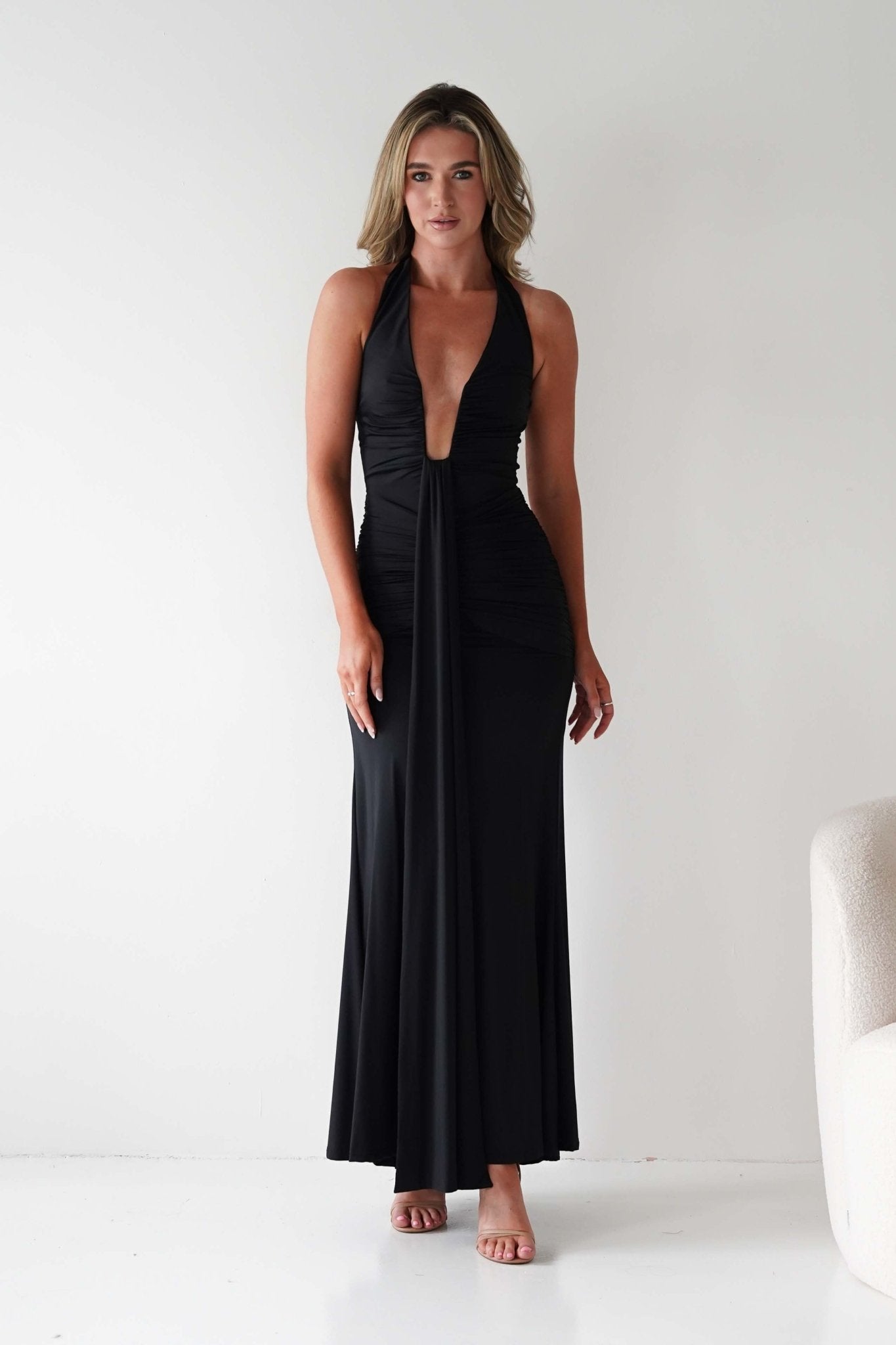 Sophia Low Cut Bodycon Maxi Dress Black | Wedding Guest Dress | Bodycon | Maxi | Oh Hello Clothing