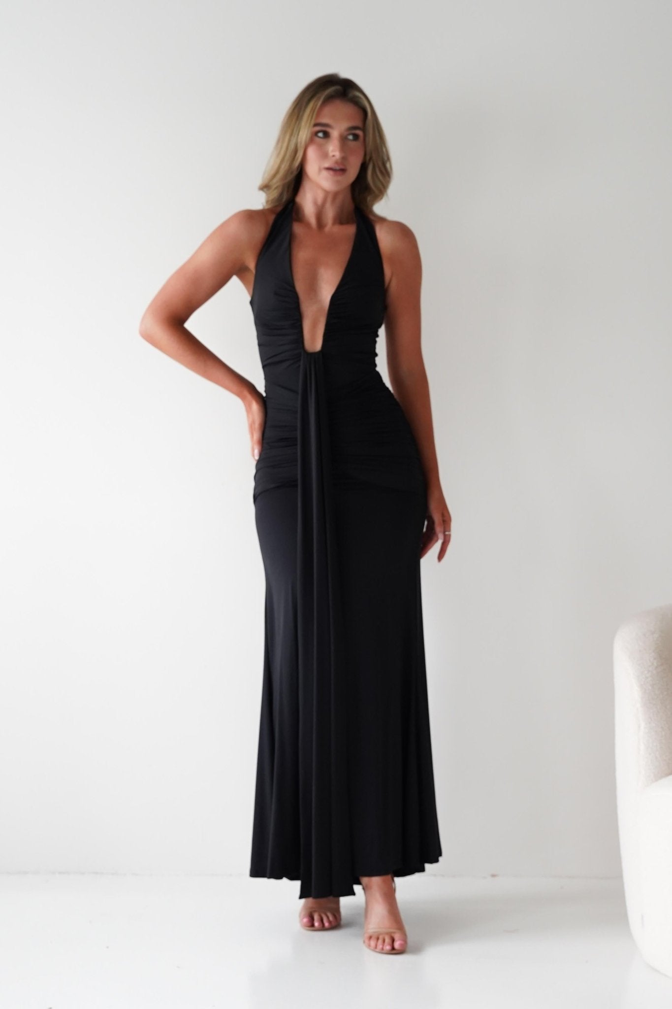 Sophia Low Cut Bodycon Maxi Dress Black | Wedding Guest Dress | Bodycon | Maxi | Oh Hello Clothing
