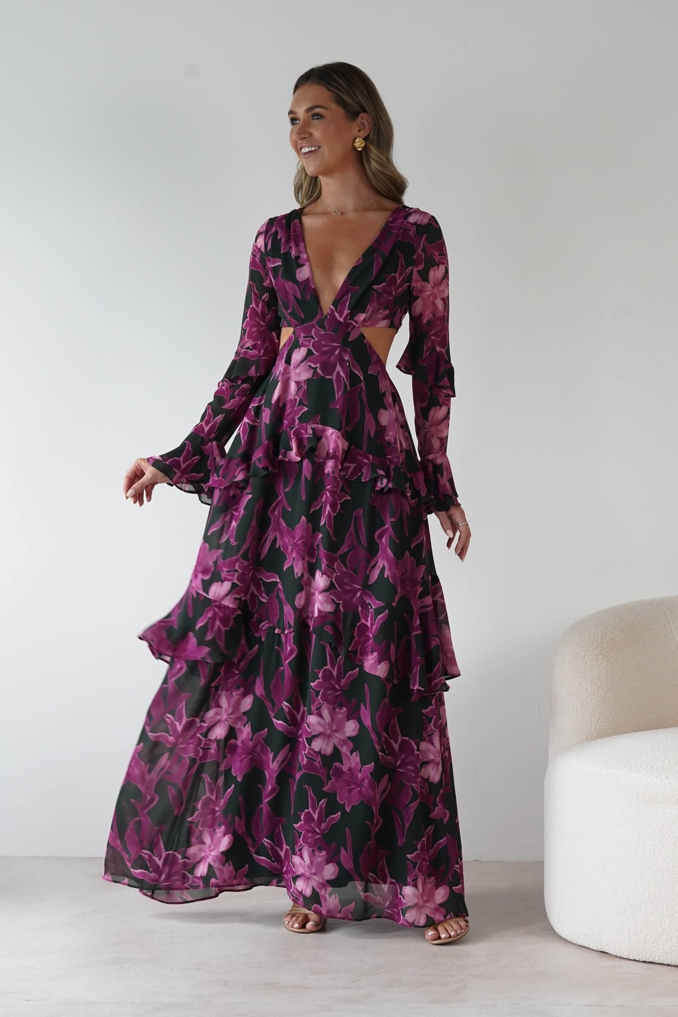 Souline Long Sleeve Maxi Dress Olive/Plum | Wedding Guest Dress | Long Sleeve | Maxi | Oh Hello Clothing