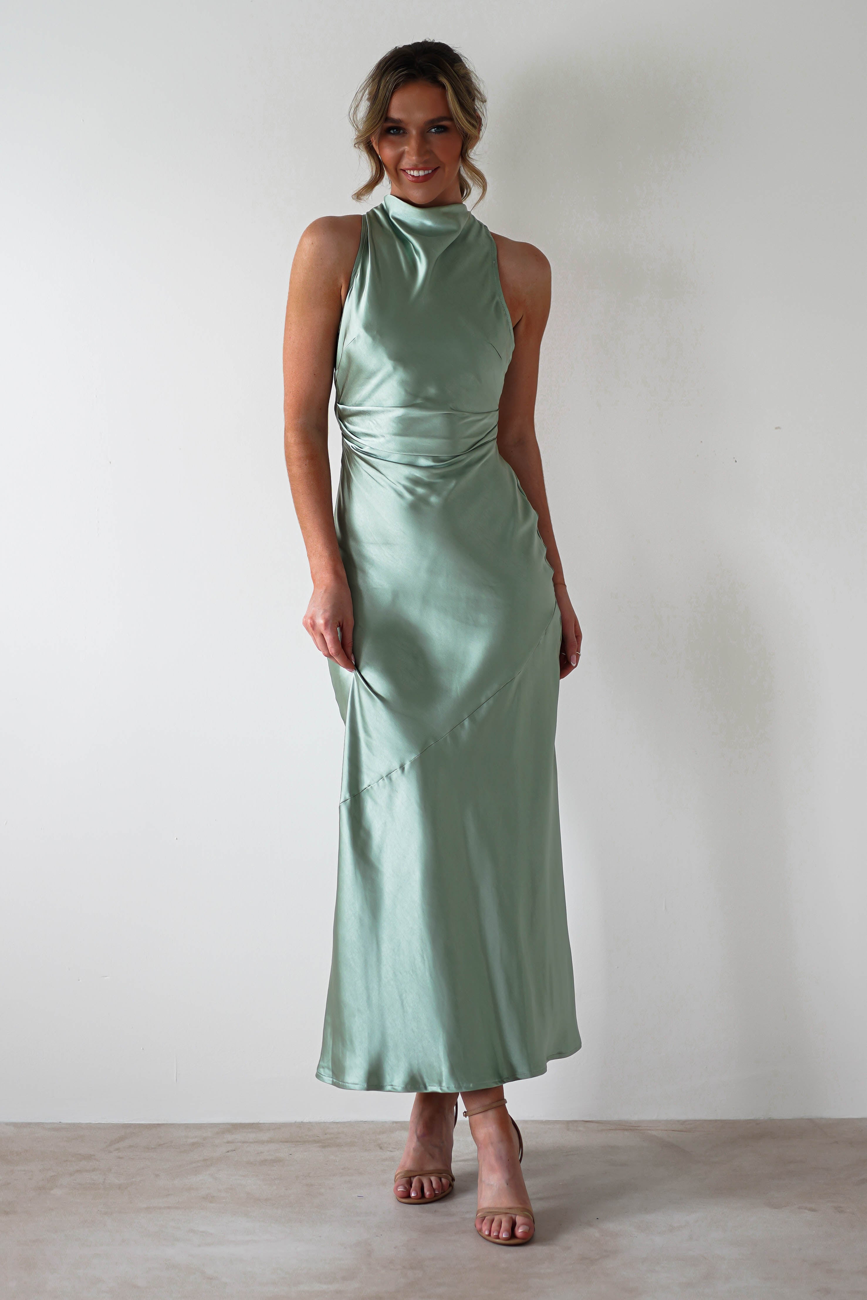 Stefanie Soft Satin Maxi Dress Sage Green | Wedding Guest Dress | Maxi | Satin | Oh Hello Clothing