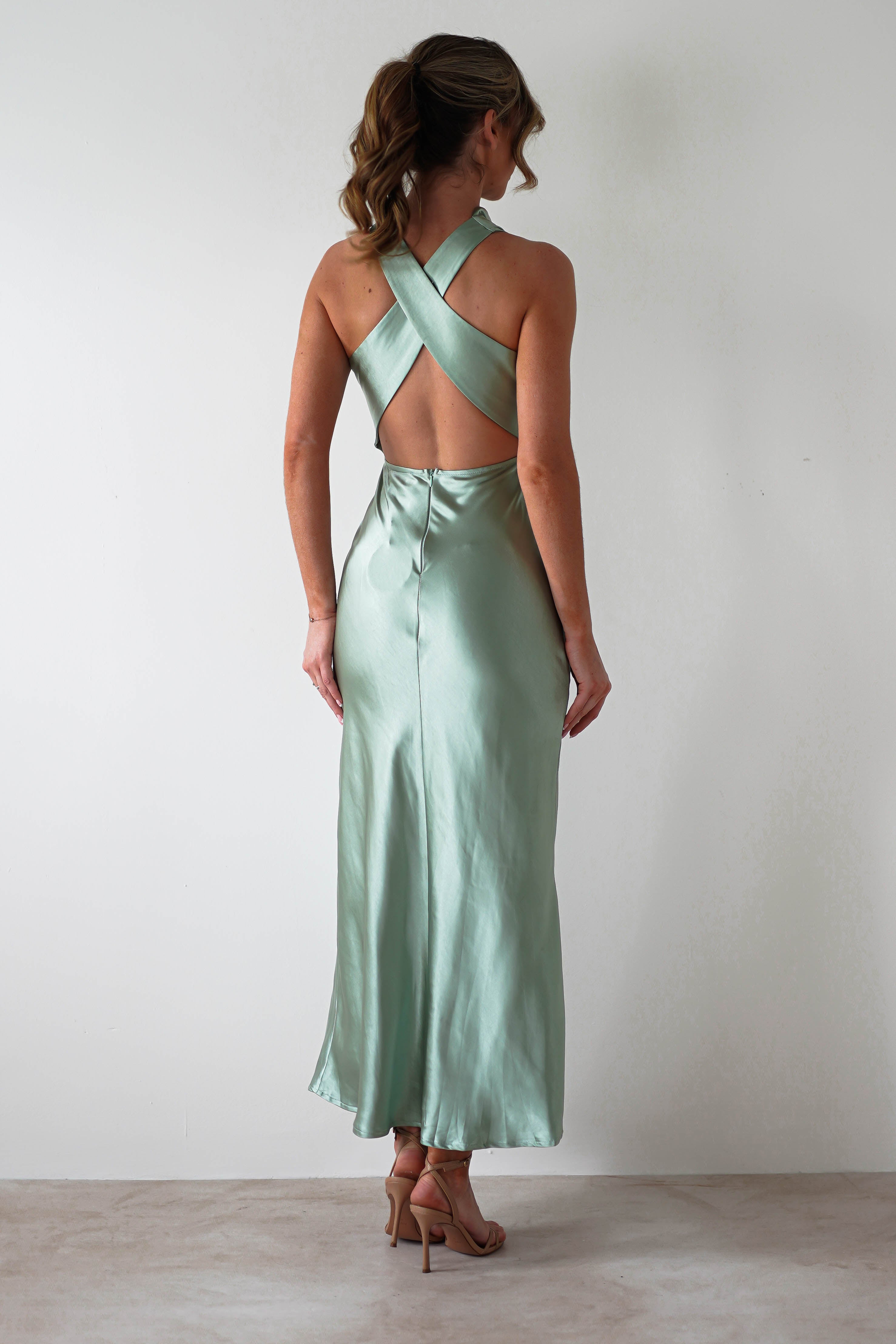 Stefanie Soft Satin Maxi Dress Sage Green | Wedding Guest Dress | Maxi | Satin | Oh Hello Clothing