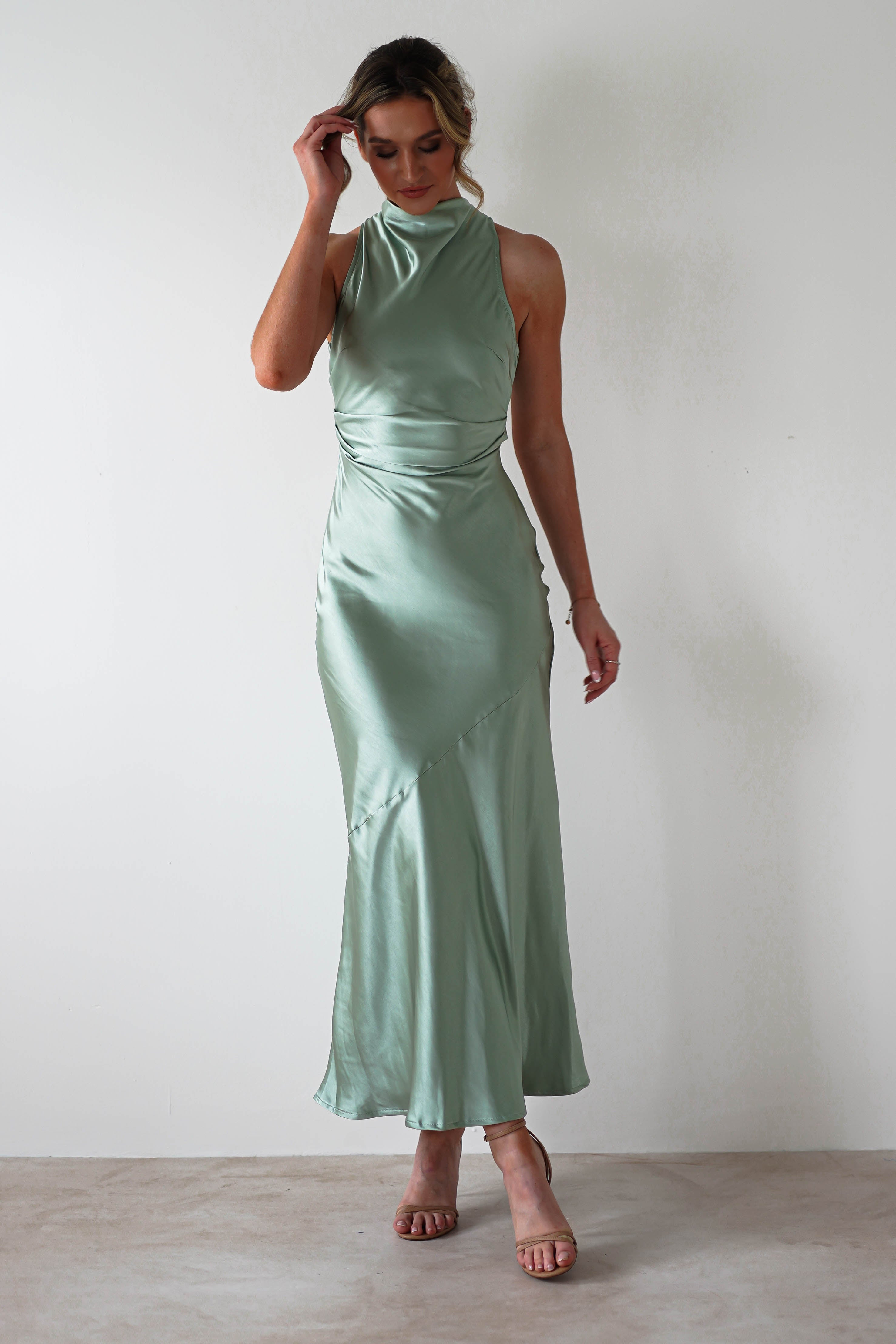 Stefanie Soft Satin Maxi Dress Sage Green | Wedding Guest Dress | Maxi | Satin | Oh Hello Clothing