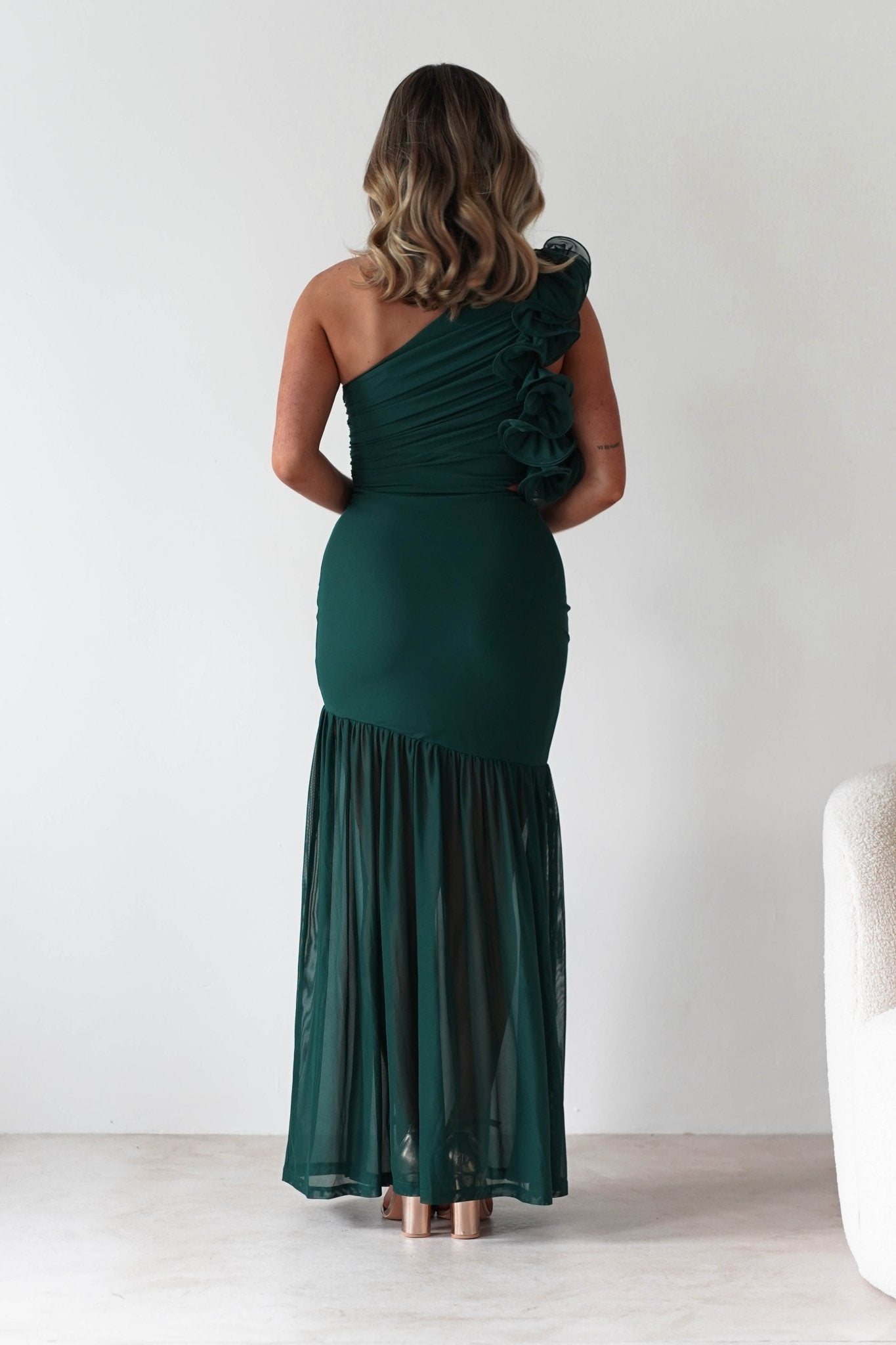 Stephanie Mesh Ruffle Maxi Dress Forest Green | Wedding Guest Dress | Maxi | Mesh | Oh Hello Clothing