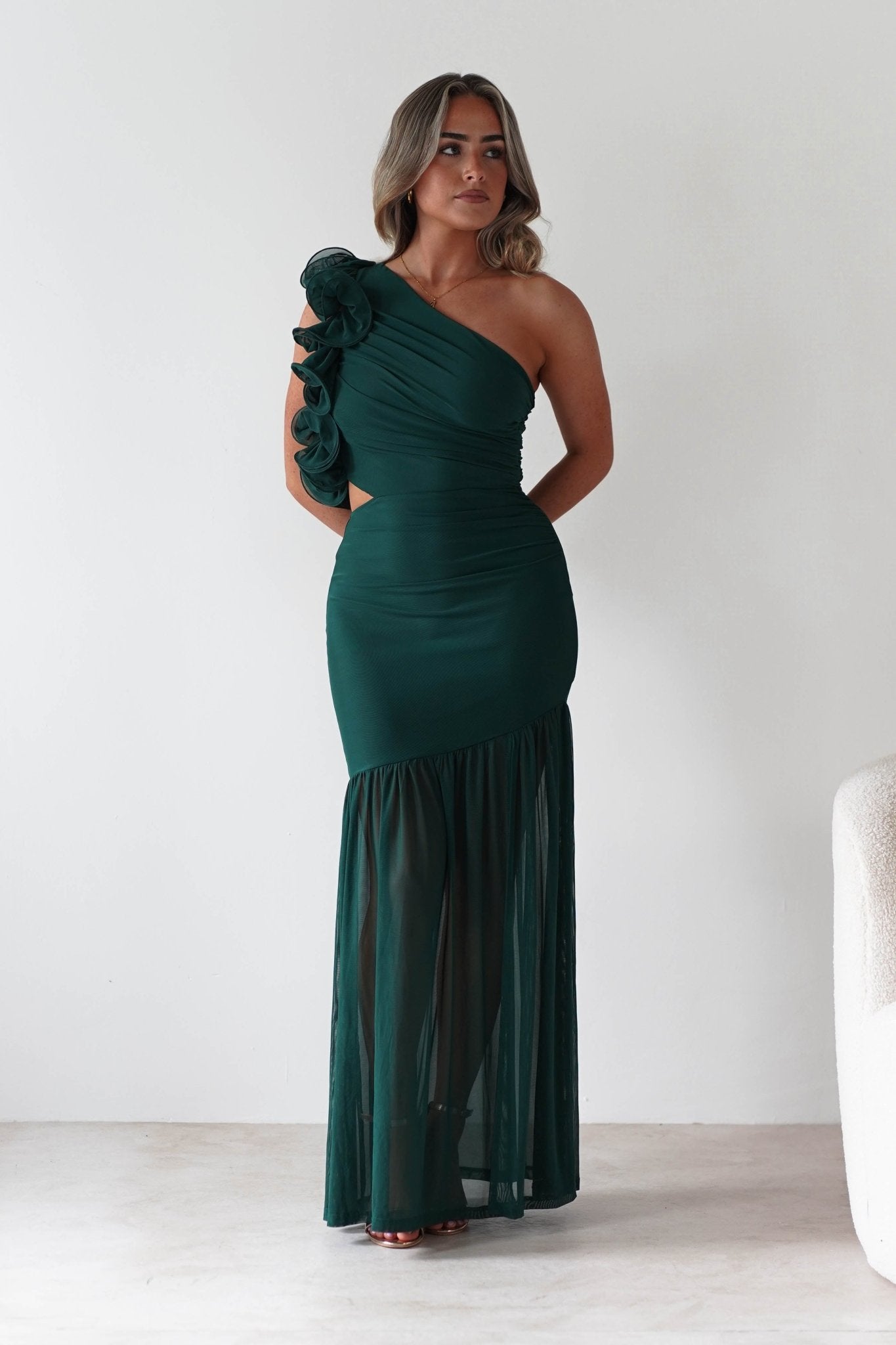 Stephanie Mesh Ruffle Maxi Dress Forest Green | Wedding Guest Dress | Maxi | Mesh | Oh Hello Clothing